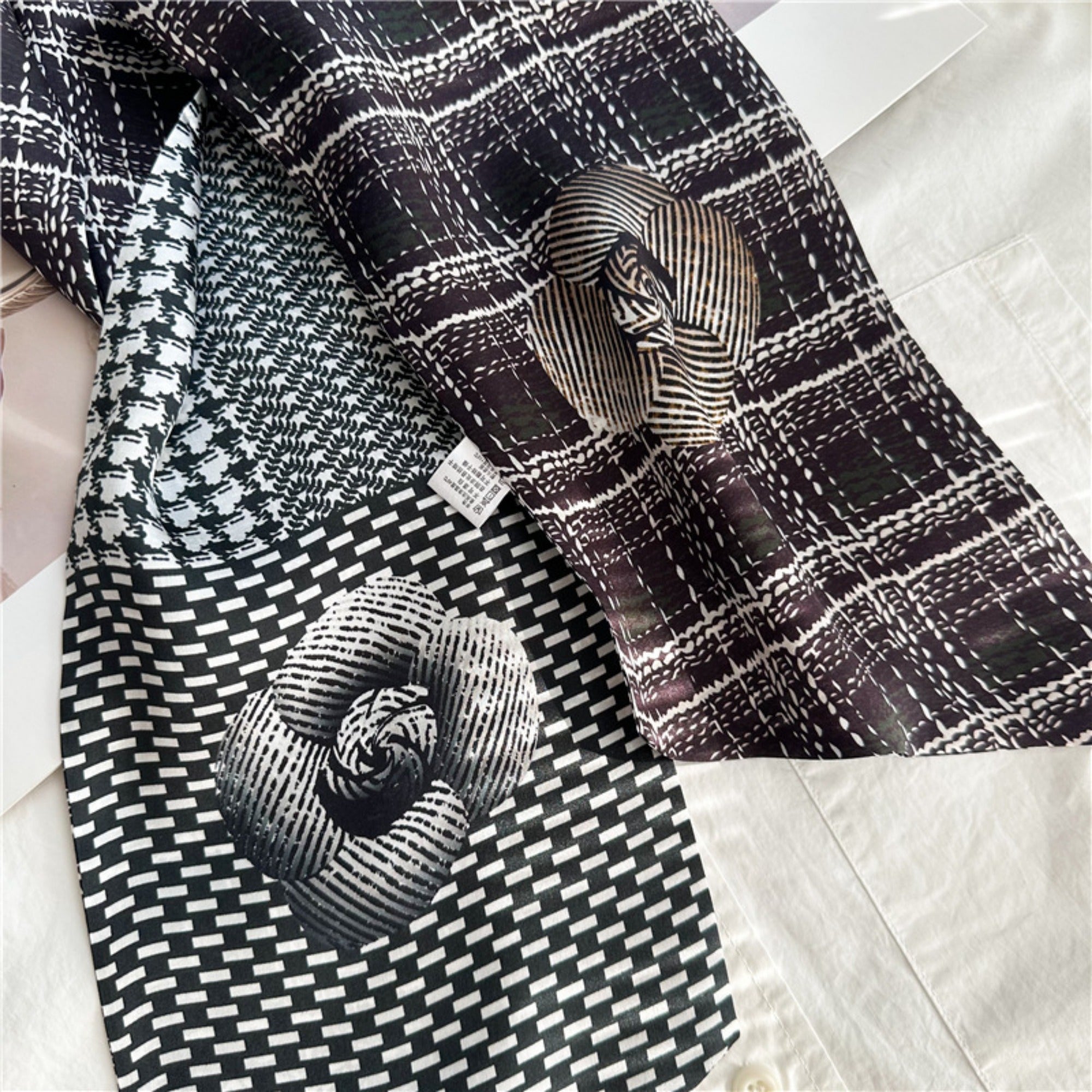 Checkered Camellia Mulberry Silk Scarf | Elegant Floral Grid Long Ribbon