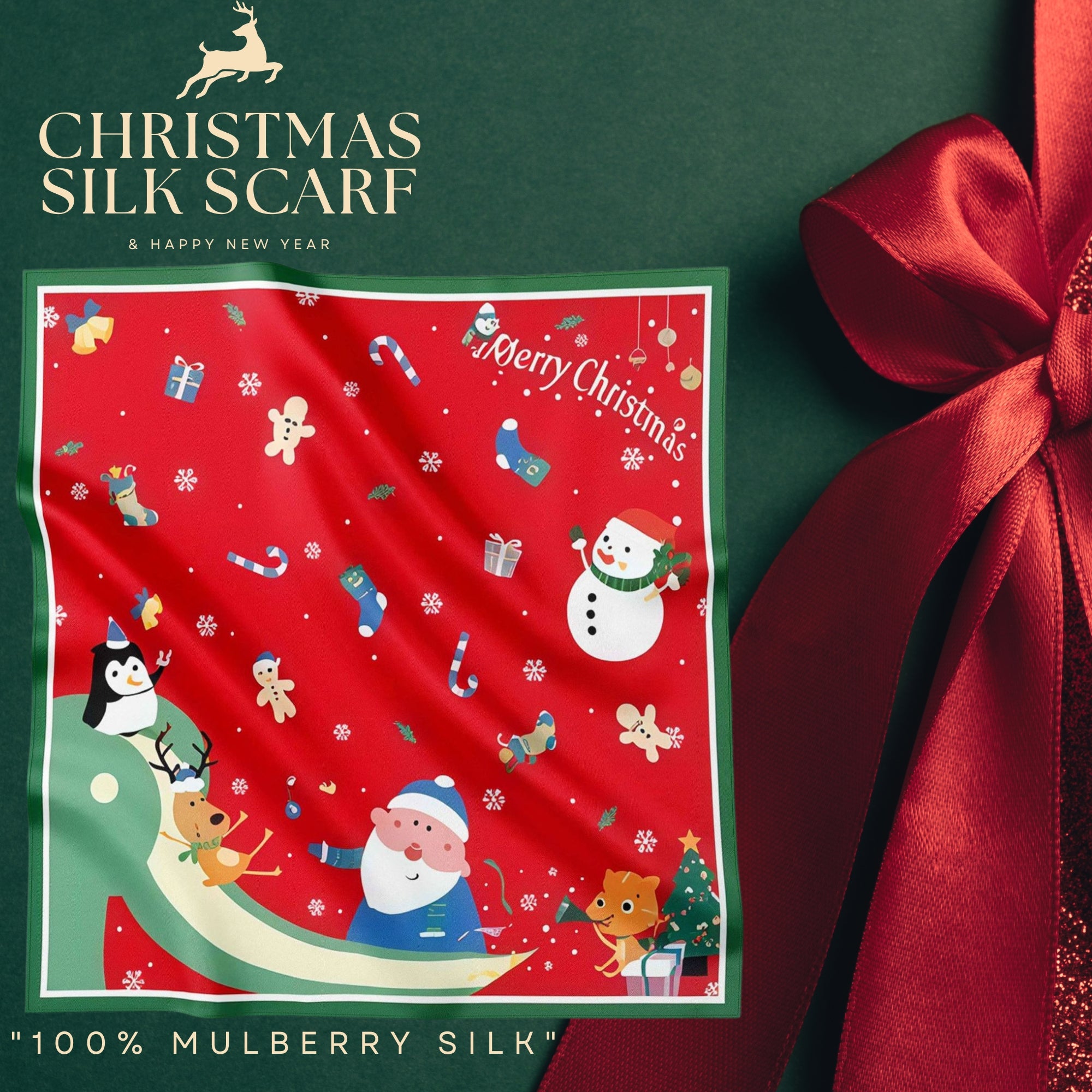 Festive 100% Silk Scarf 53cm – Playful Holiday Prints for All Ages