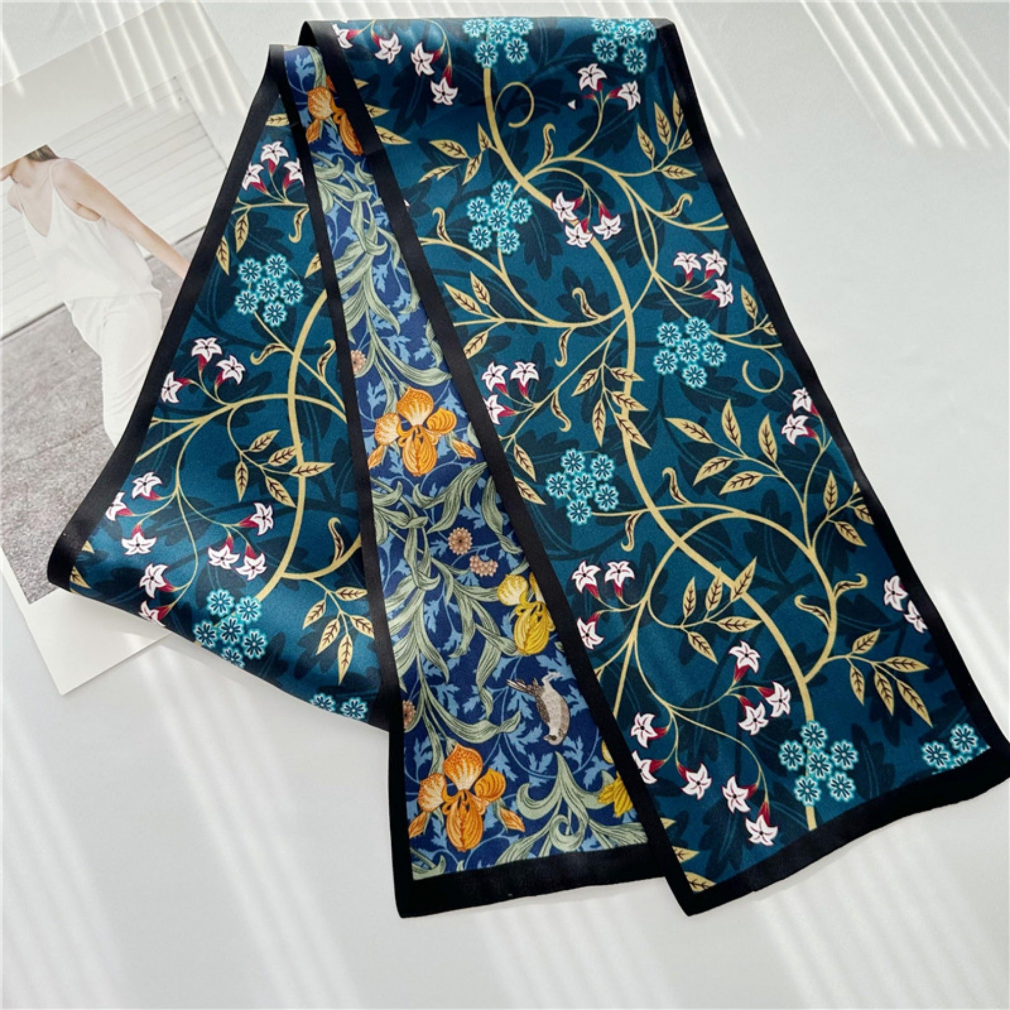 Blue Double-Sided Floral Mulberry Silk Scarf | Soft & Romantic Long Ribbon