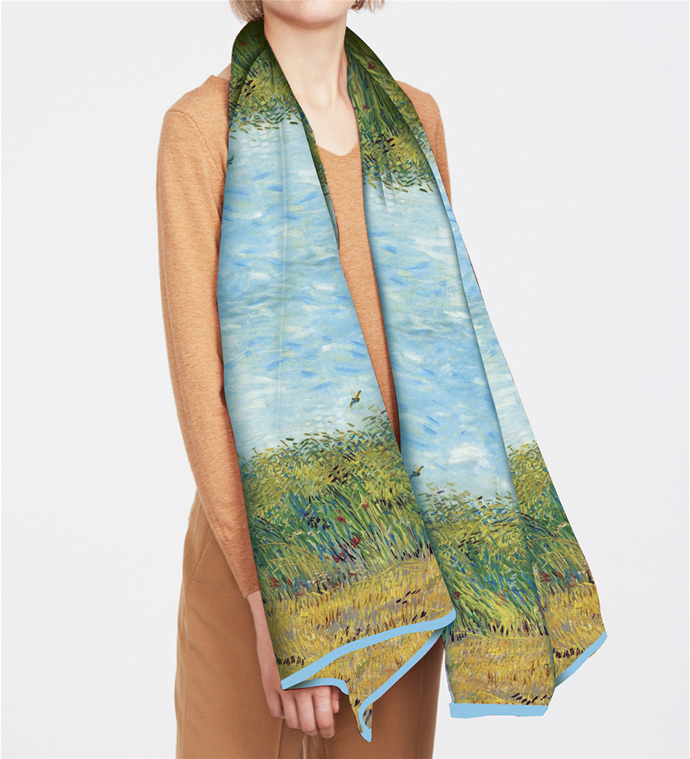 Van Gogh Inspired Long Scarf - 180cm x 70cm, Double-Layer Twill Polyester, Versatile Gift for All Seasons