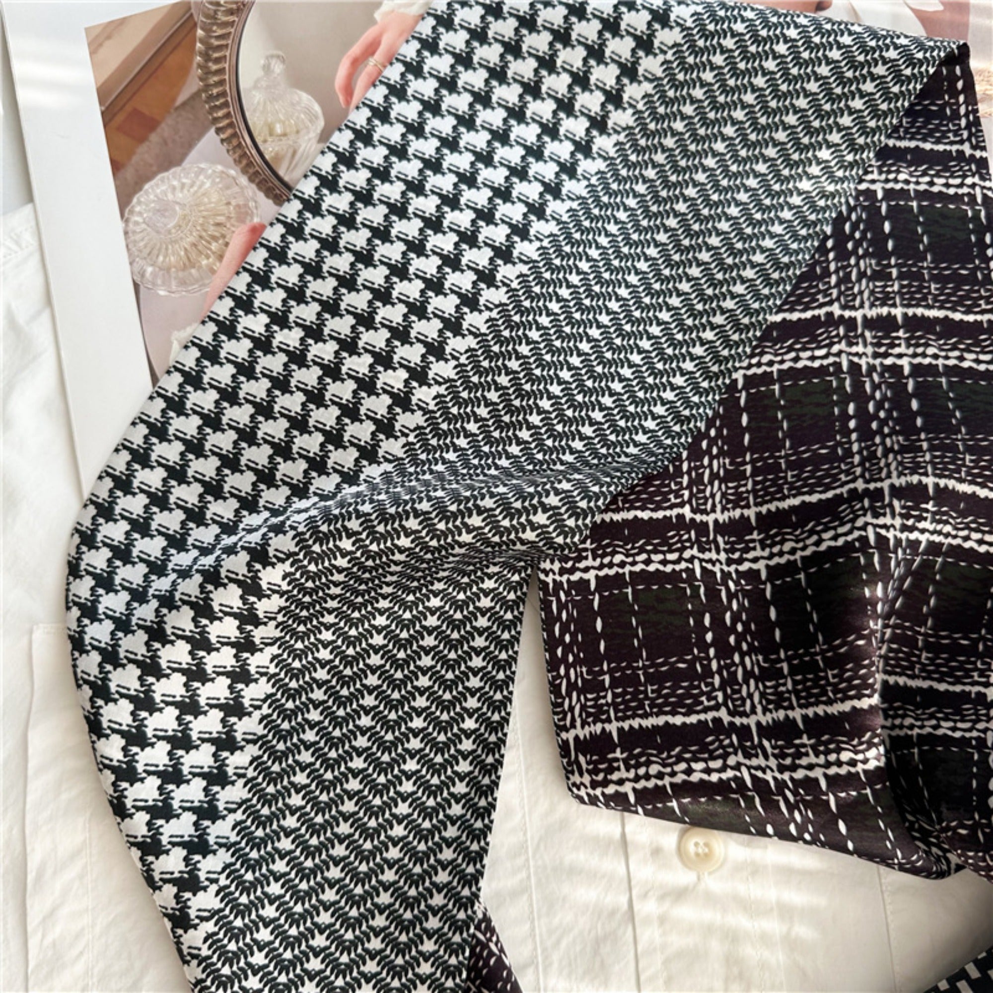 Checkered Camellia Mulberry Silk Scarf | Elegant Floral Grid Long Ribbon