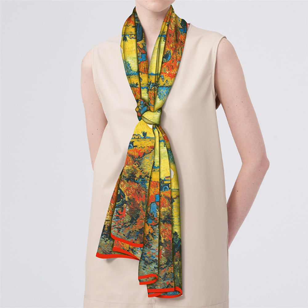 Van Gogh Inspired Long Scarf - 180cm x 70cm, Double-Layer Twill Polyester, Versatile Gift for All Seasons