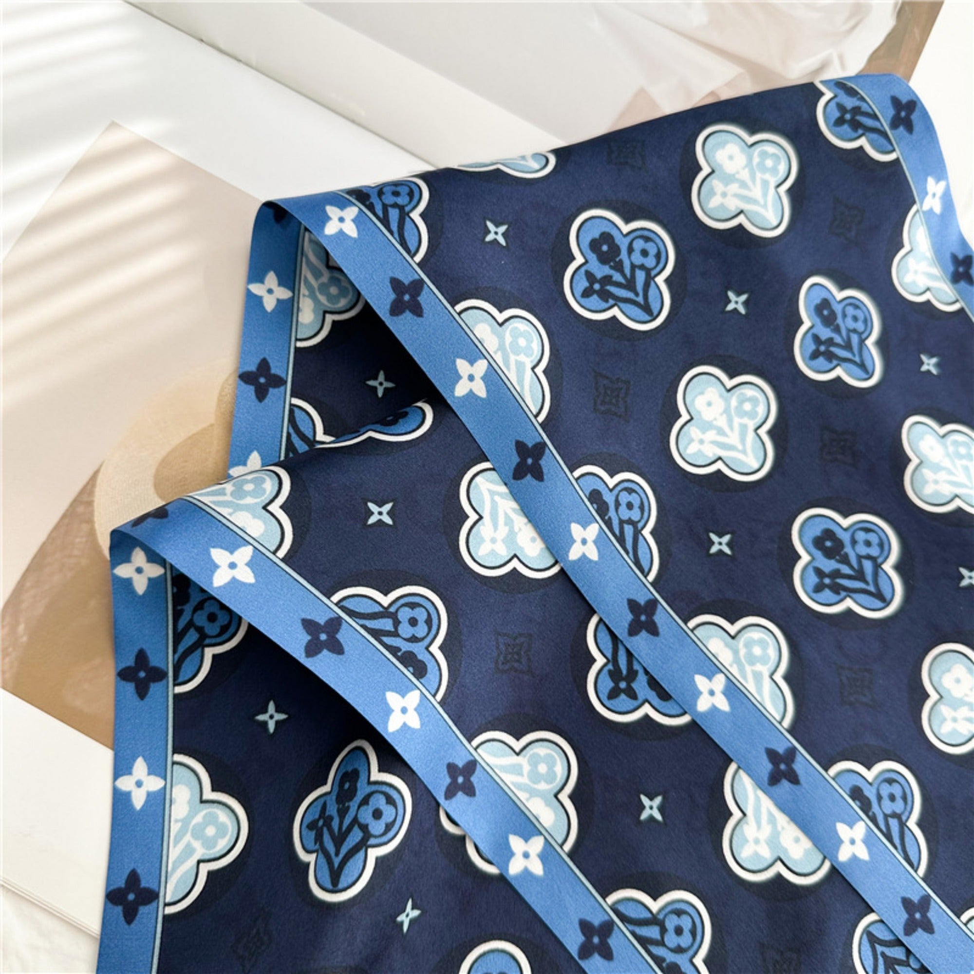 Blue Four-Leaf Clover Mulberry Silk Scarf | Lucky Charm Double-Sided Long Ribbon
