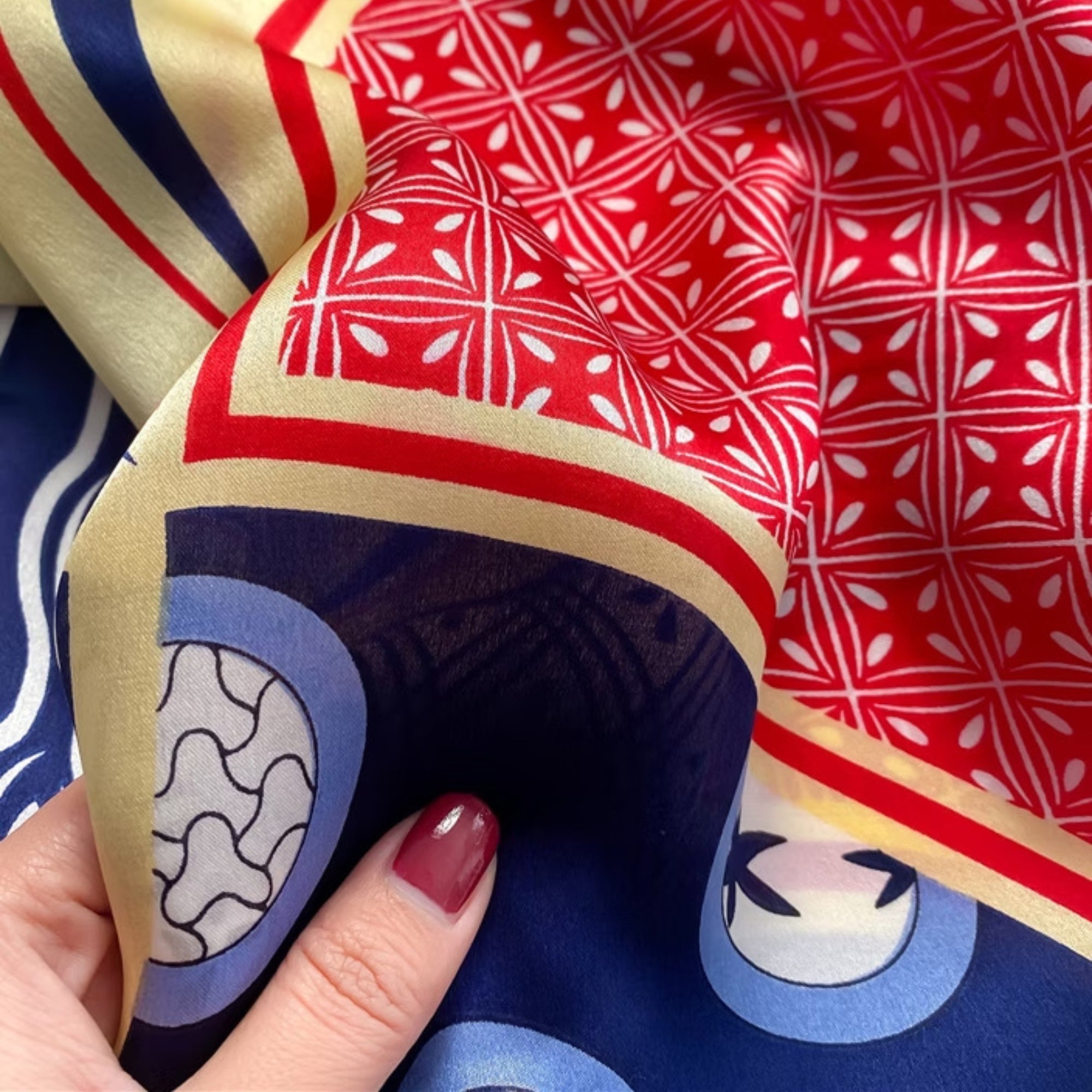 53cm Mulberry Silk Twill Scarf – Geometric Boho Patchwork Bandana, Vintage Print Small Square Silk Scarf