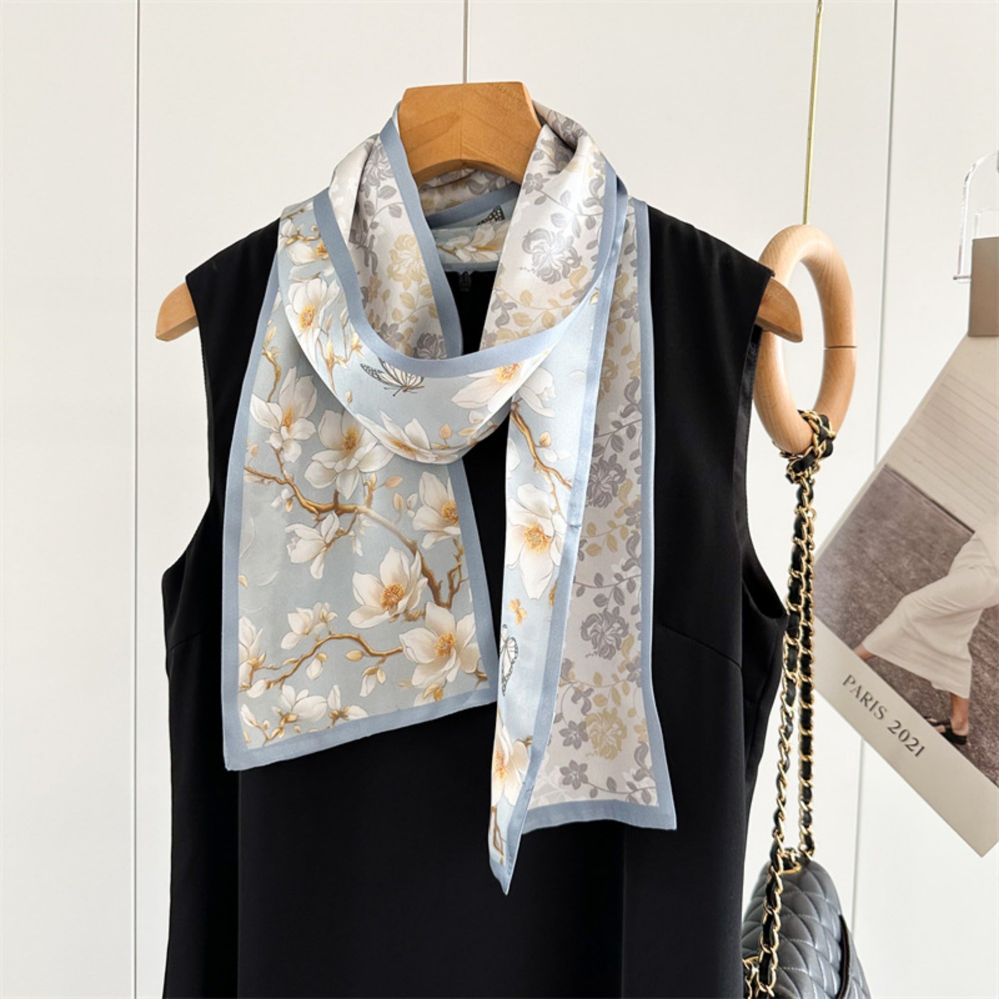 Magnolia & Butterfly Mulberry Silk Scarf | Graceful Nature-Inspired Long Ribbon