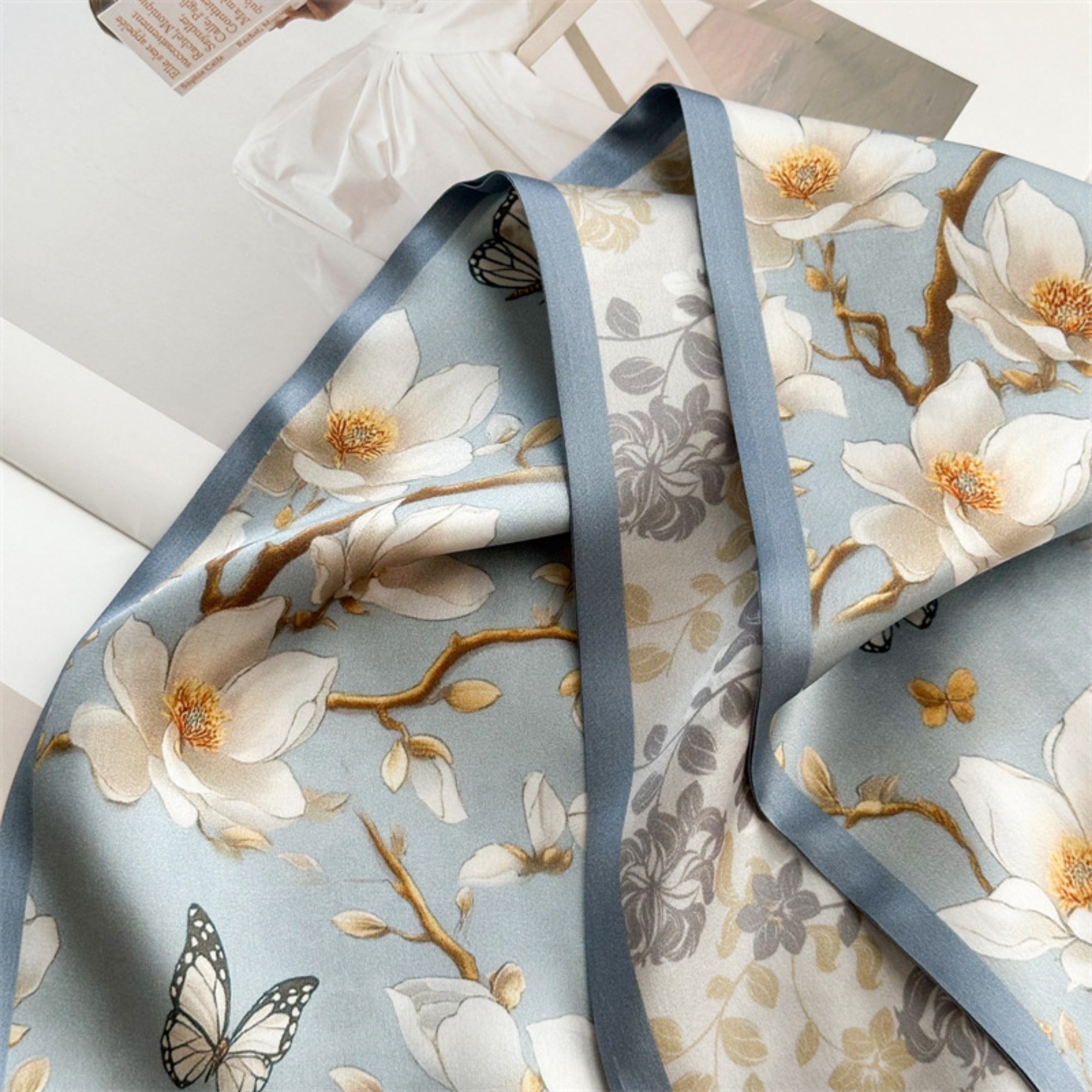 Magnolia & Butterfly Mulberry Silk Scarf | Graceful Nature-Inspired Long Ribbon