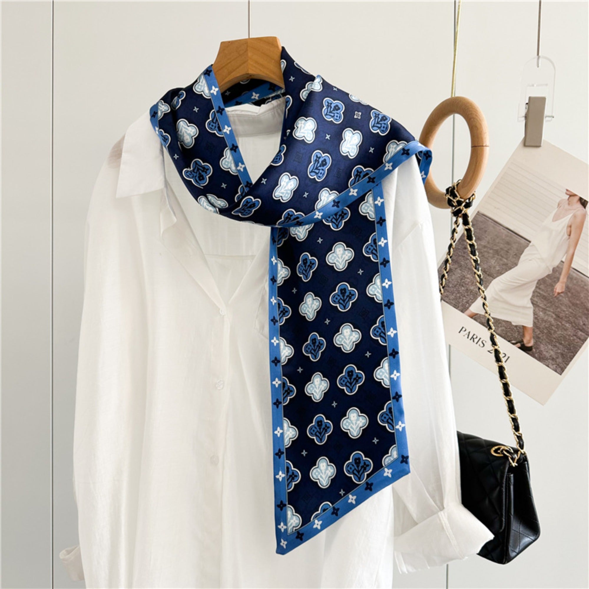 Blue Four-Leaf Clover Mulberry Silk Scarf | Lucky Charm Double-Sided Long Ribbon