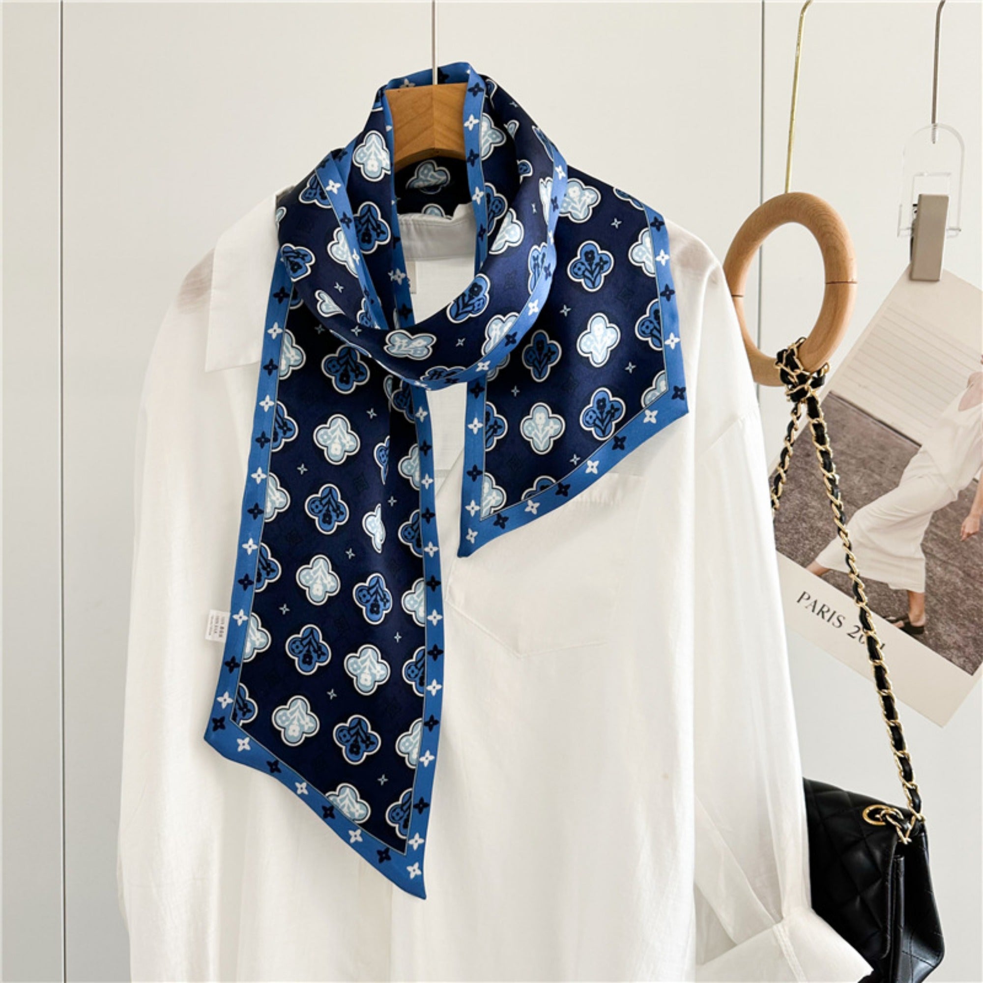 Blue Four-Leaf Clover Mulberry Silk Scarf | Lucky Charm Double-Sided Long Ribbon