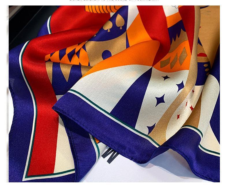 New Ins style playing card printed silk scarf/100% Mulberry silk scarf/Color block pattern small square scarf/Gift for her