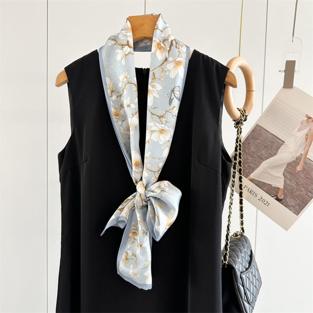 Magnolia & Butterfly Mulberry Silk Scarf | Graceful Nature-Inspired Long Ribbon