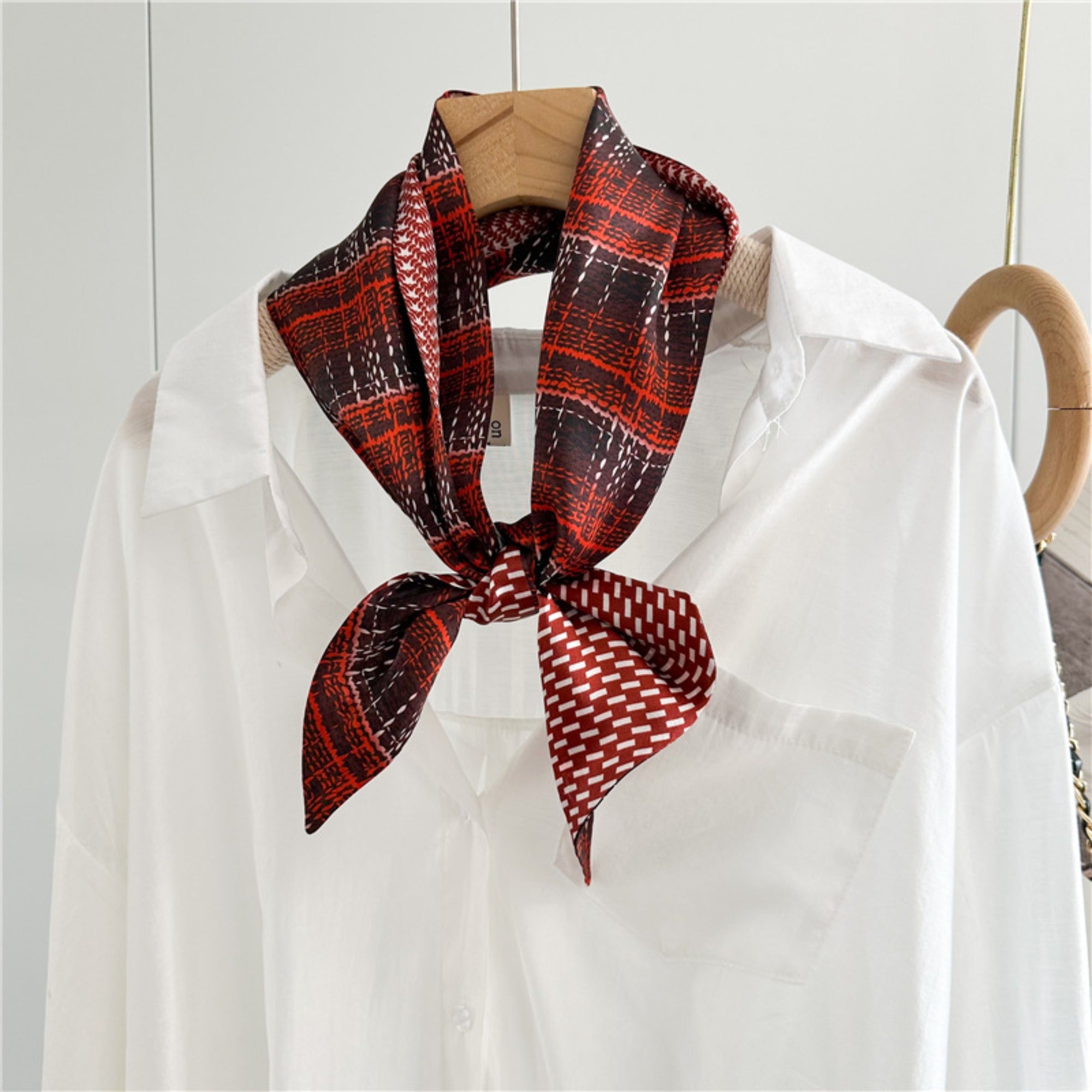 Checkered Camellia Mulberry Silk Scarf | Elegant Floral Grid Long Ribbon