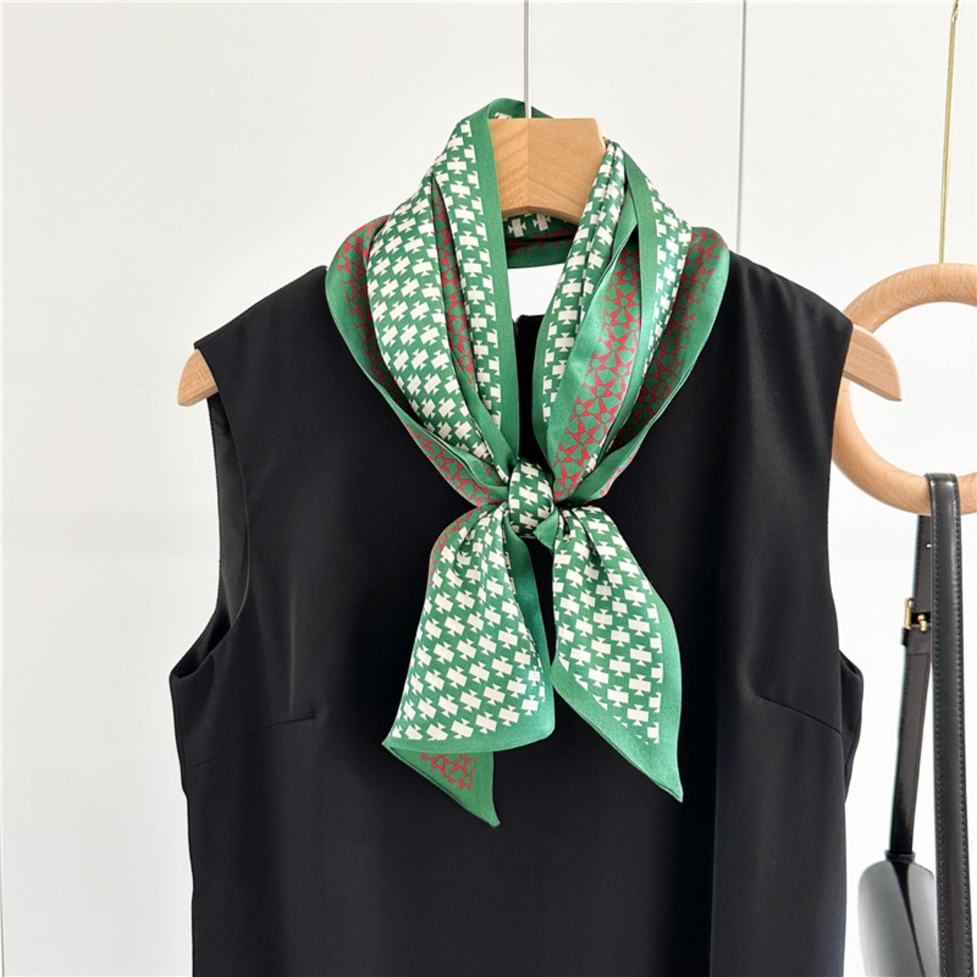 Vintage Geometric Green Mulberry Silk Scarf | Double-Sided Elegant Long Ribbon