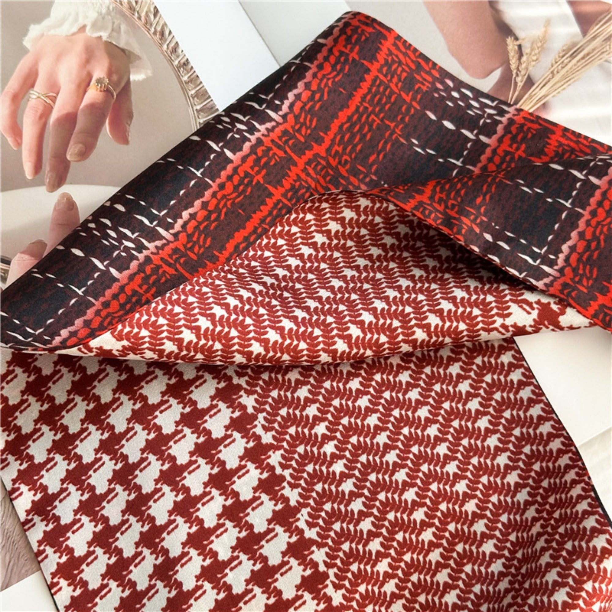 Checkered Camellia Mulberry Silk Scarf | Elegant Floral Grid Long Ribbon