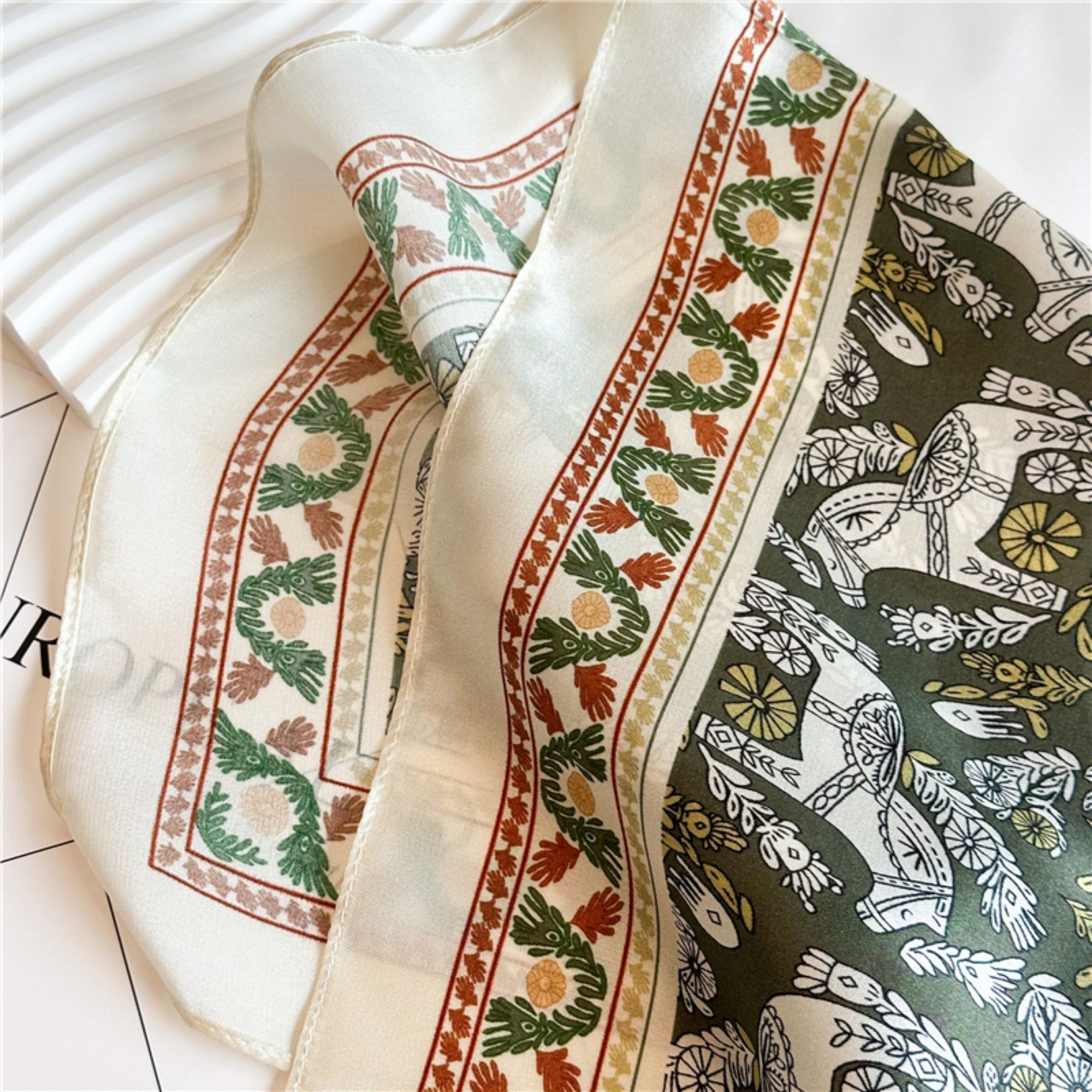 Green Equestrian Horse Print Silk Scarf | 100% Mulberry Silk 26&