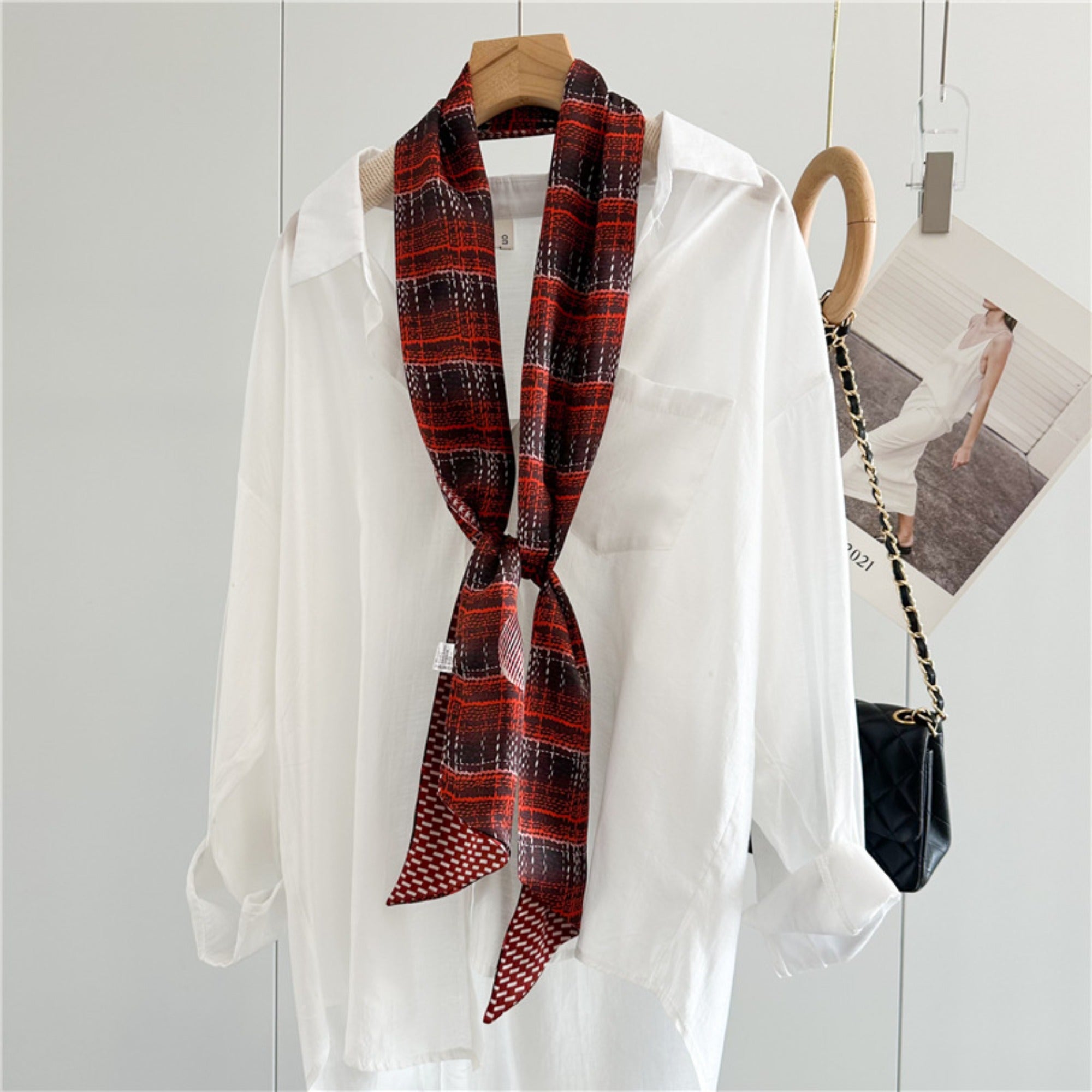 Checkered Camellia Mulberry Silk Scarf | Elegant Floral Grid Long Ribbon