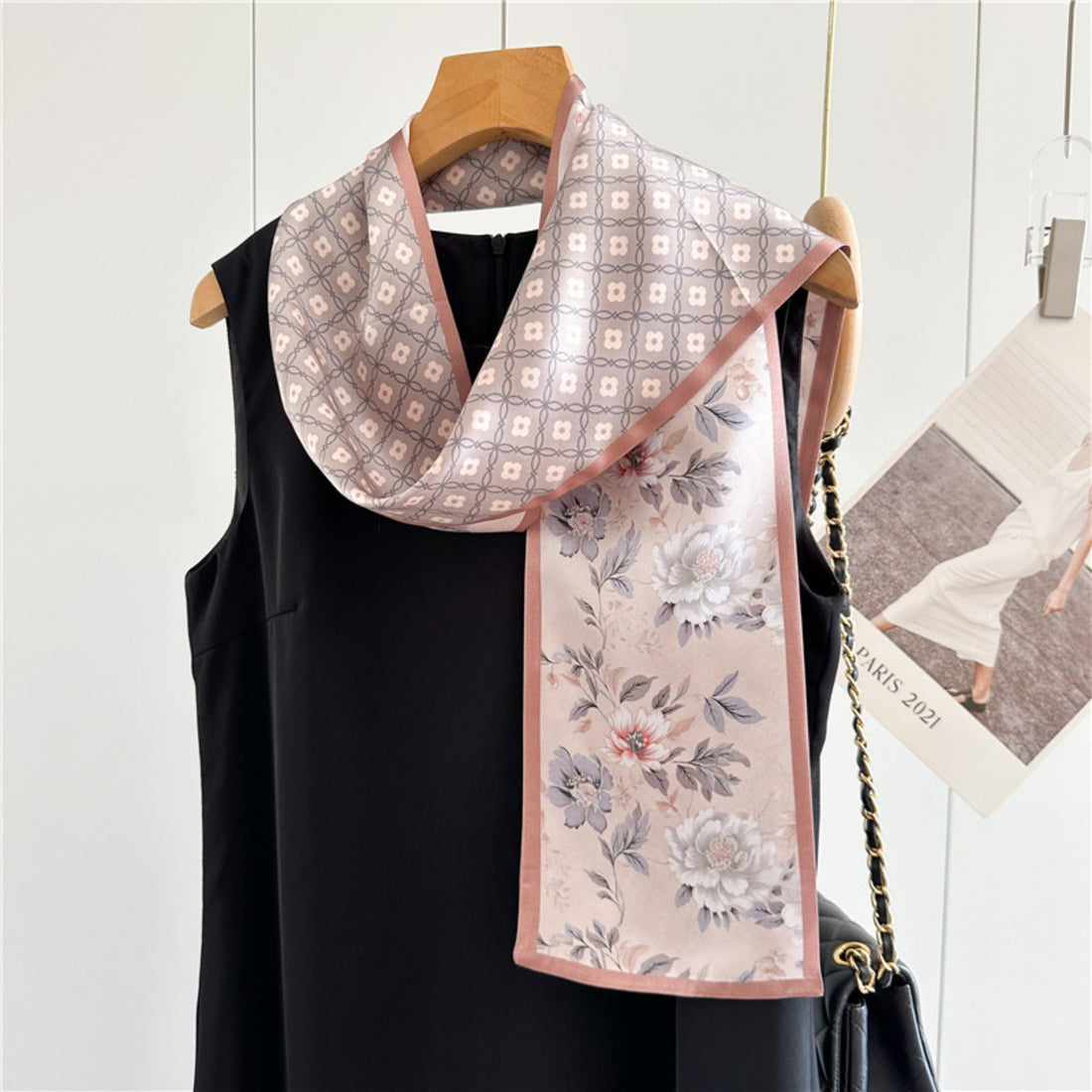 Soft Pink Floral Mulberry Silk Scarf | Romantic Tiny Blossom Long Ribbon