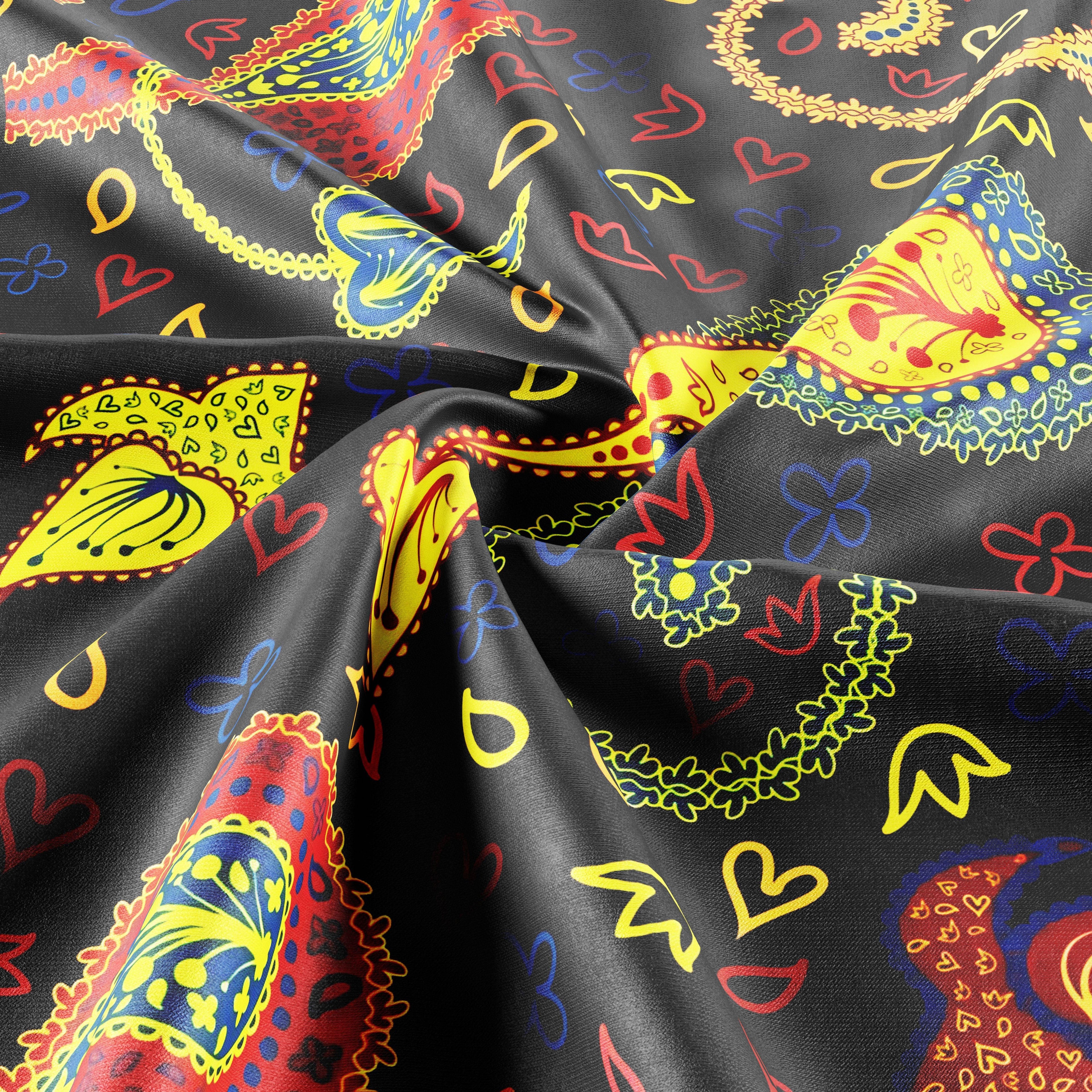 Modern and playful paisley print silk scarf - Vibrant Yellow, Red, and Black - Designer Original - Customizable Fabric and Size - Women&