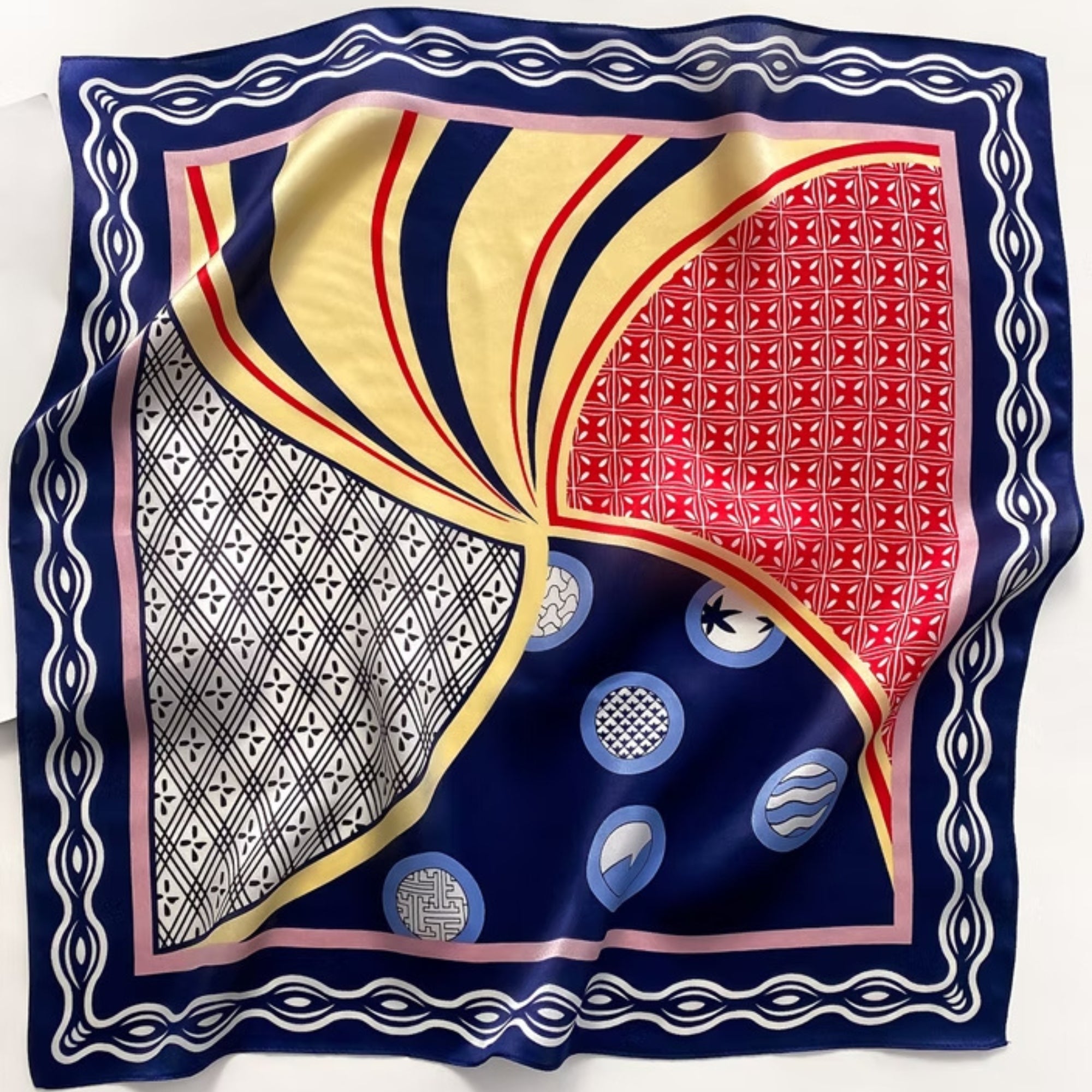 53cm Mulberry Silk Twill Scarf – Geometric Boho Patchwork Bandana, Vintage Print Small Square Silk Scarf