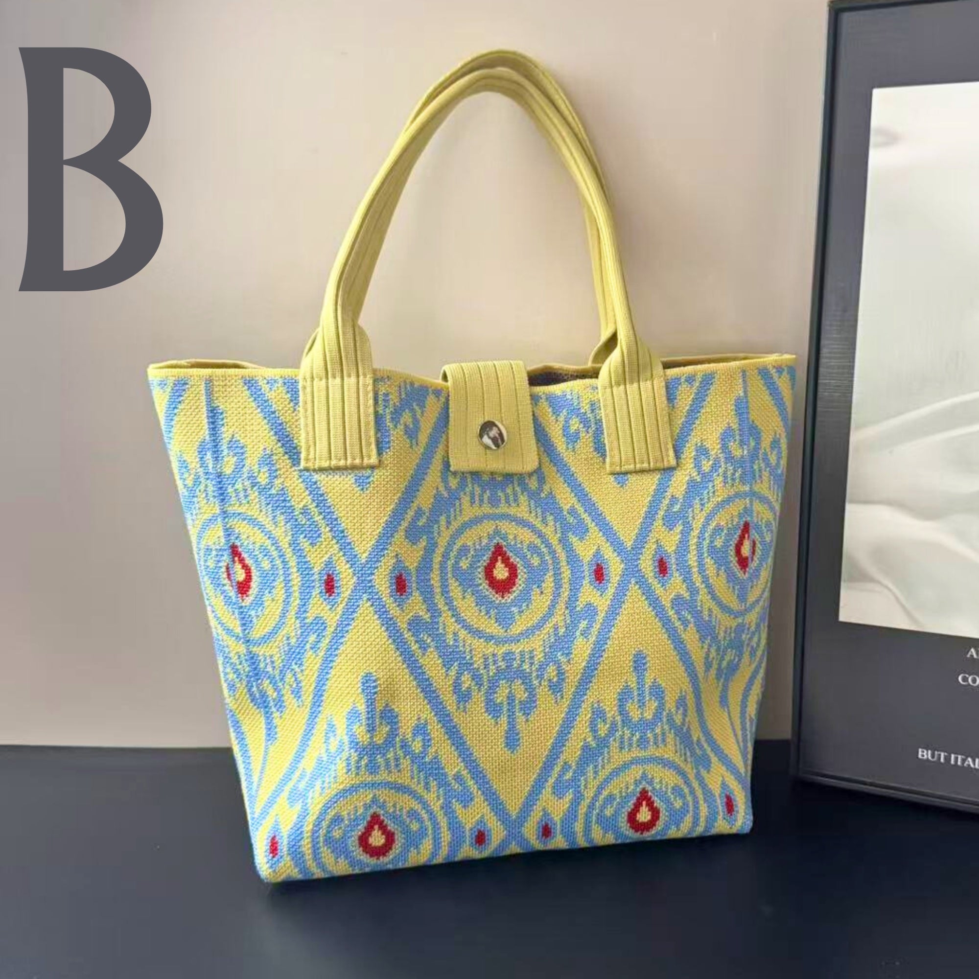 Ikat-Inspired Pattern Knit Tote