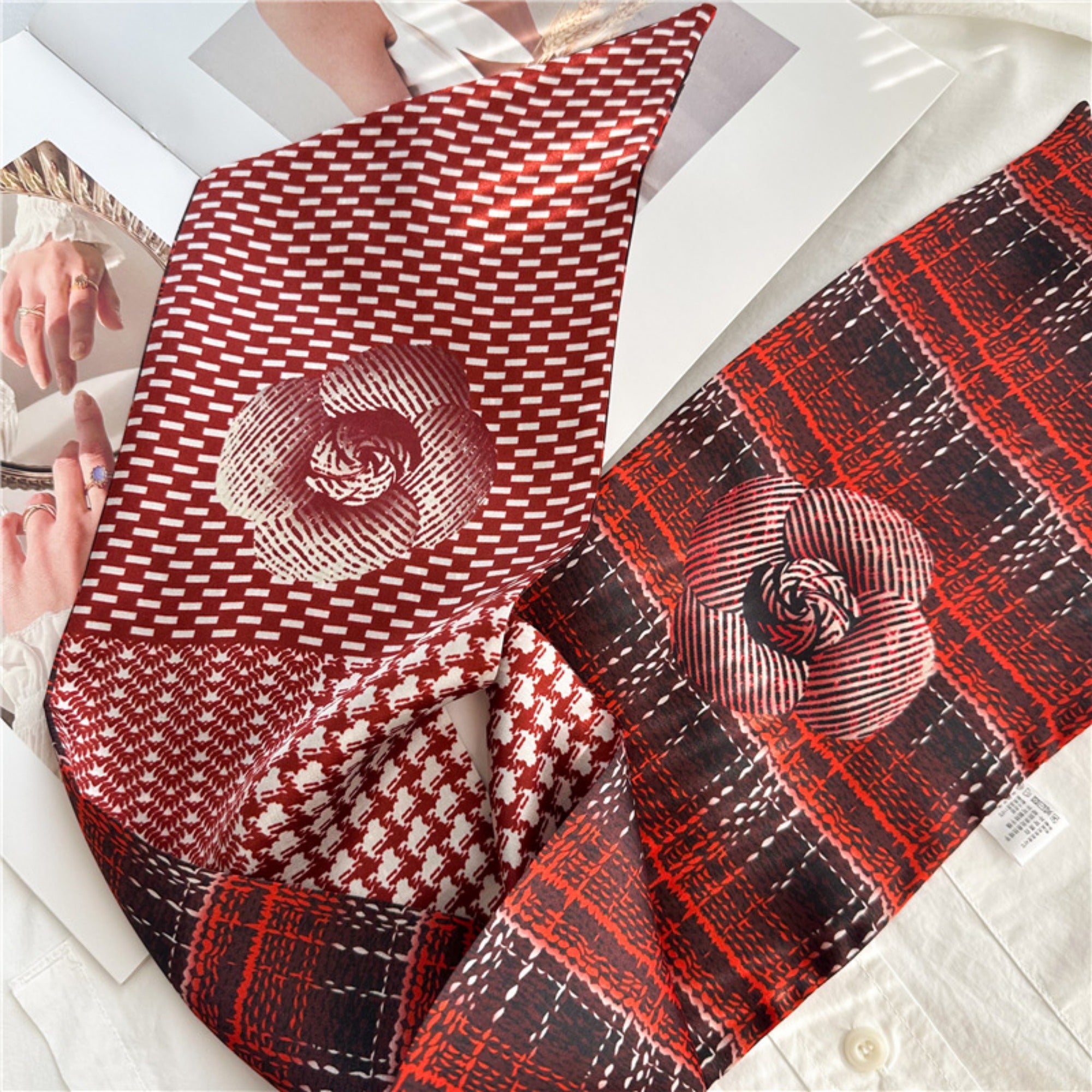 Checkered Camellia Mulberry Silk Scarf | Elegant Floral Grid Long Ribbon