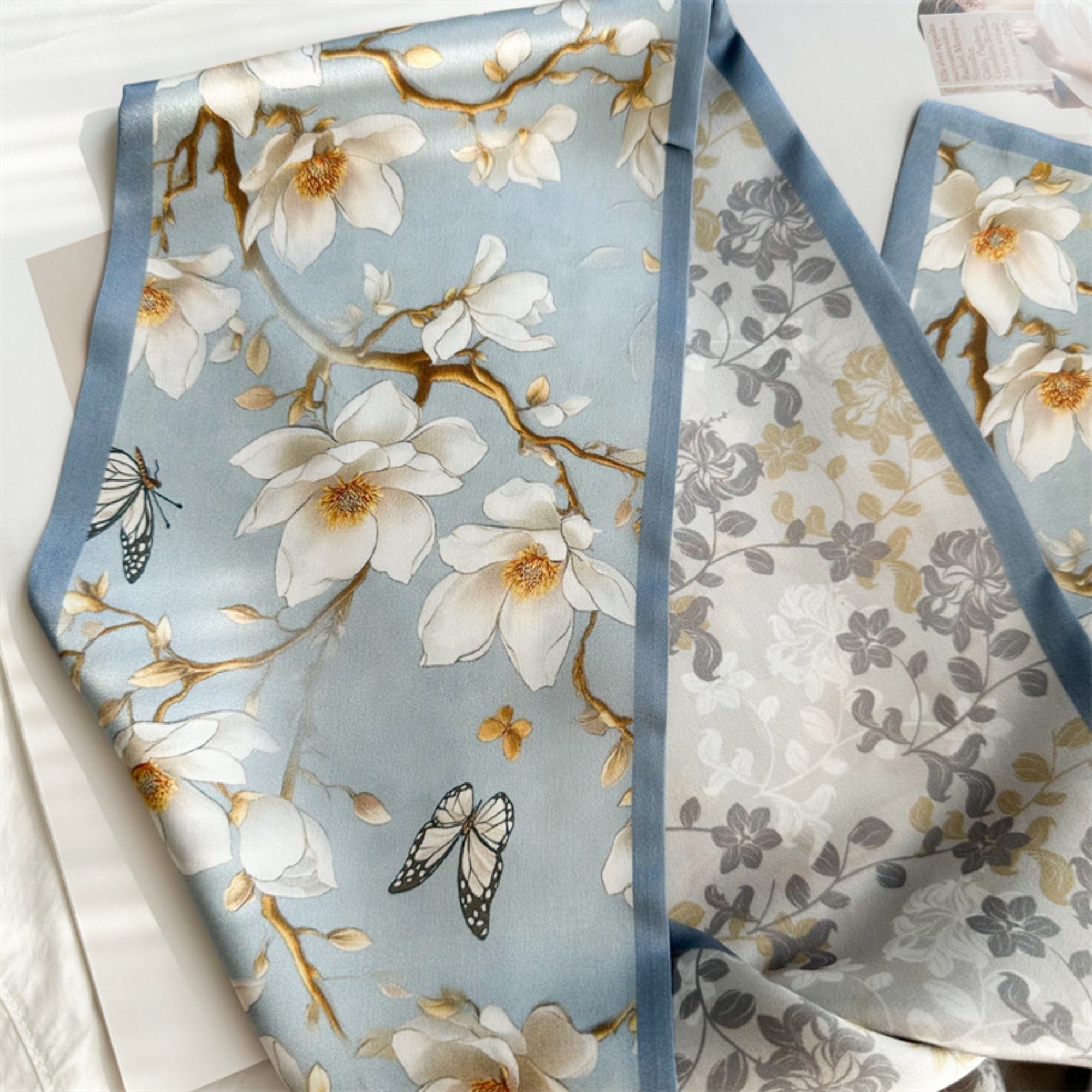 Magnolia & Butterfly Mulberry Silk Scarf | Graceful Nature-Inspired Long Ribbon