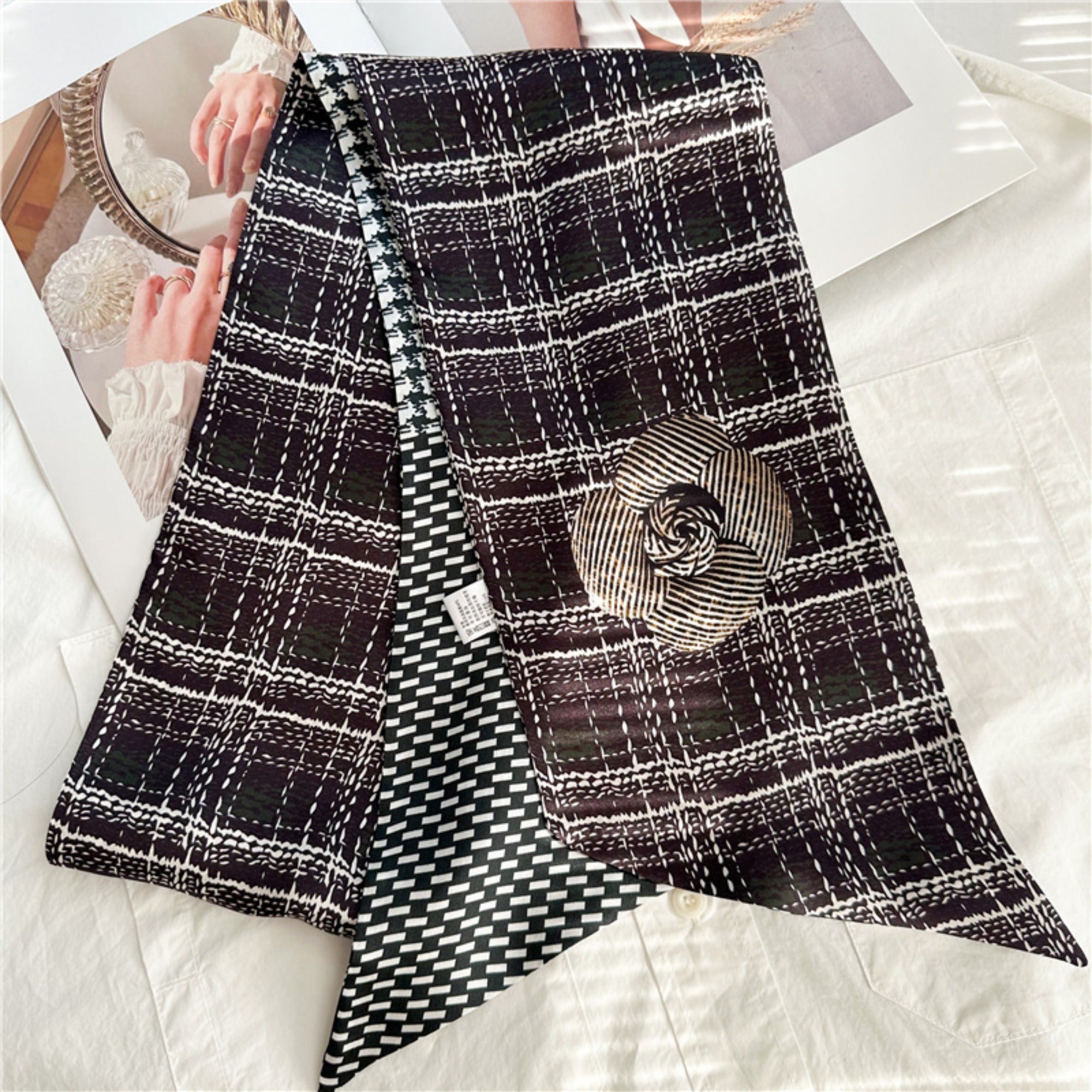 Checkered Camellia Mulberry Silk Scarf | Elegant Floral Grid Long Ribbon