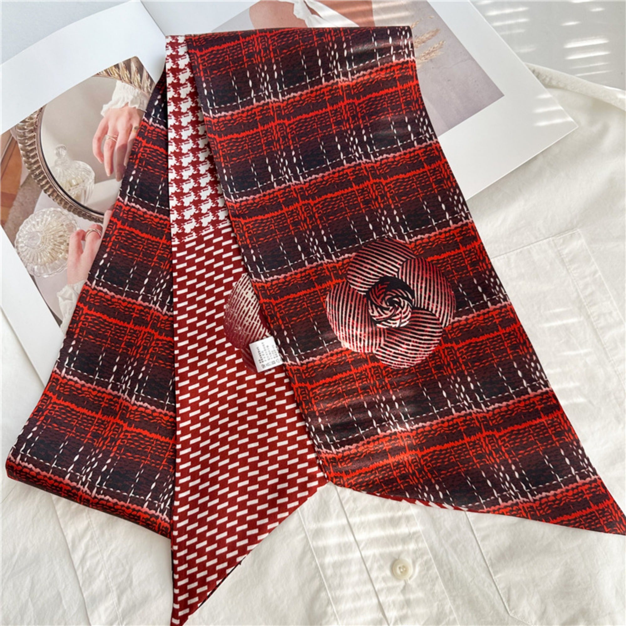 Checkered Camellia Mulberry Silk Scarf | Elegant Floral Grid Long Ribbon