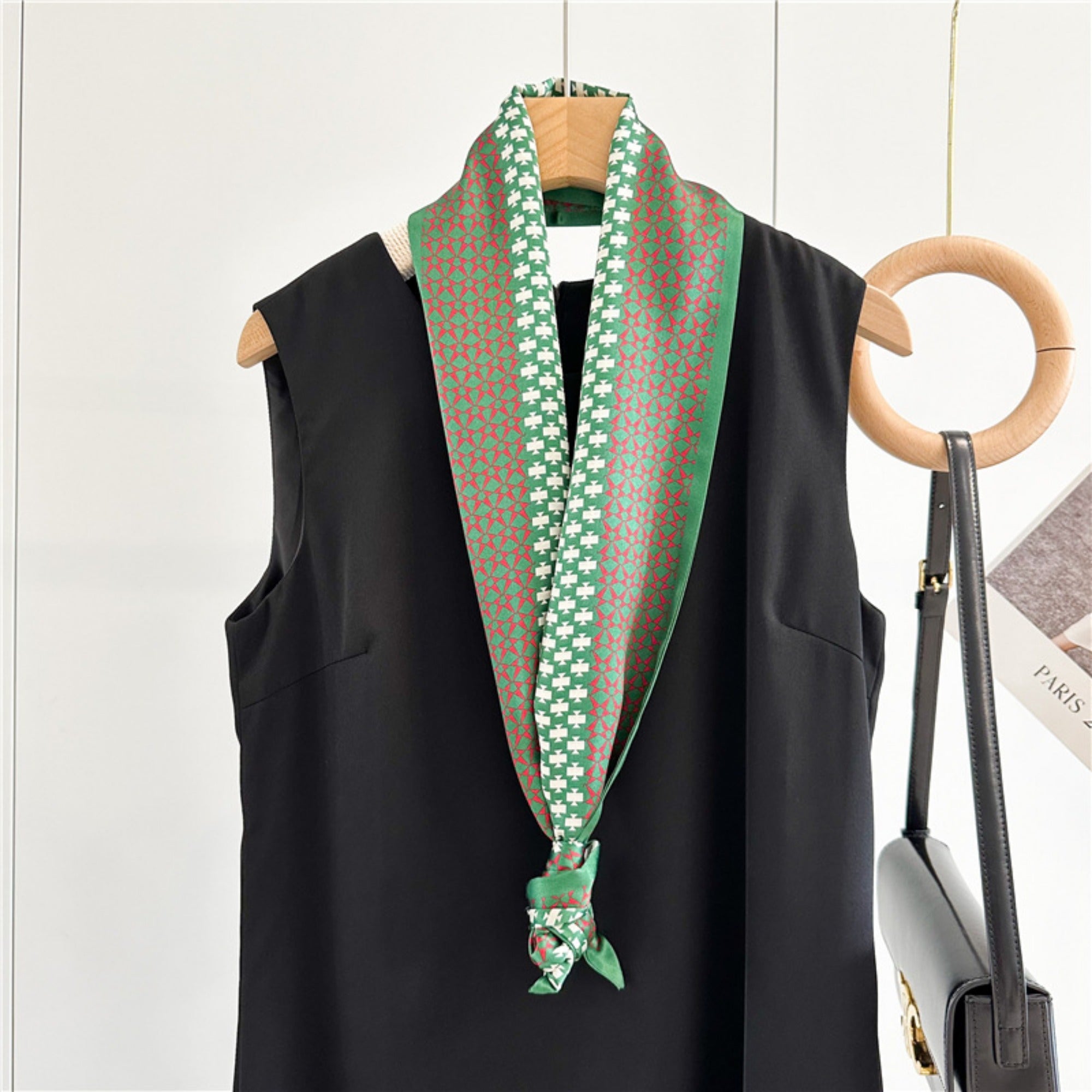 Vintage Geometric Green Mulberry Silk Scarf | Double-Sided Elegant Long Ribbon