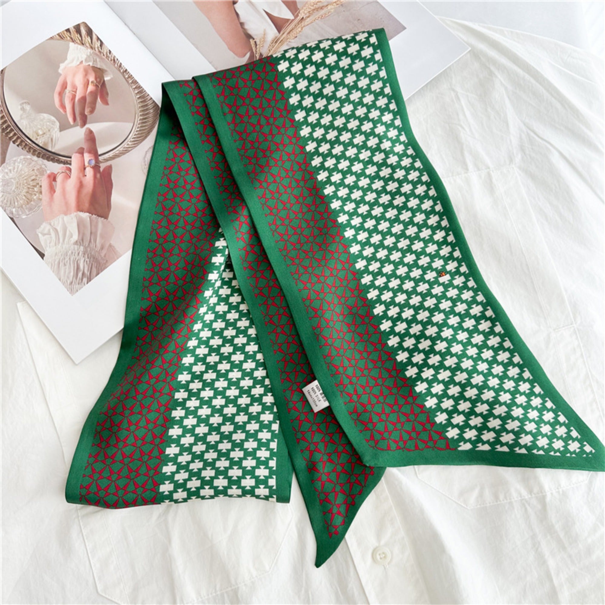 Vintage Geometric Green Mulberry Silk Scarf | Double-Sided Elegant Long Ribbon