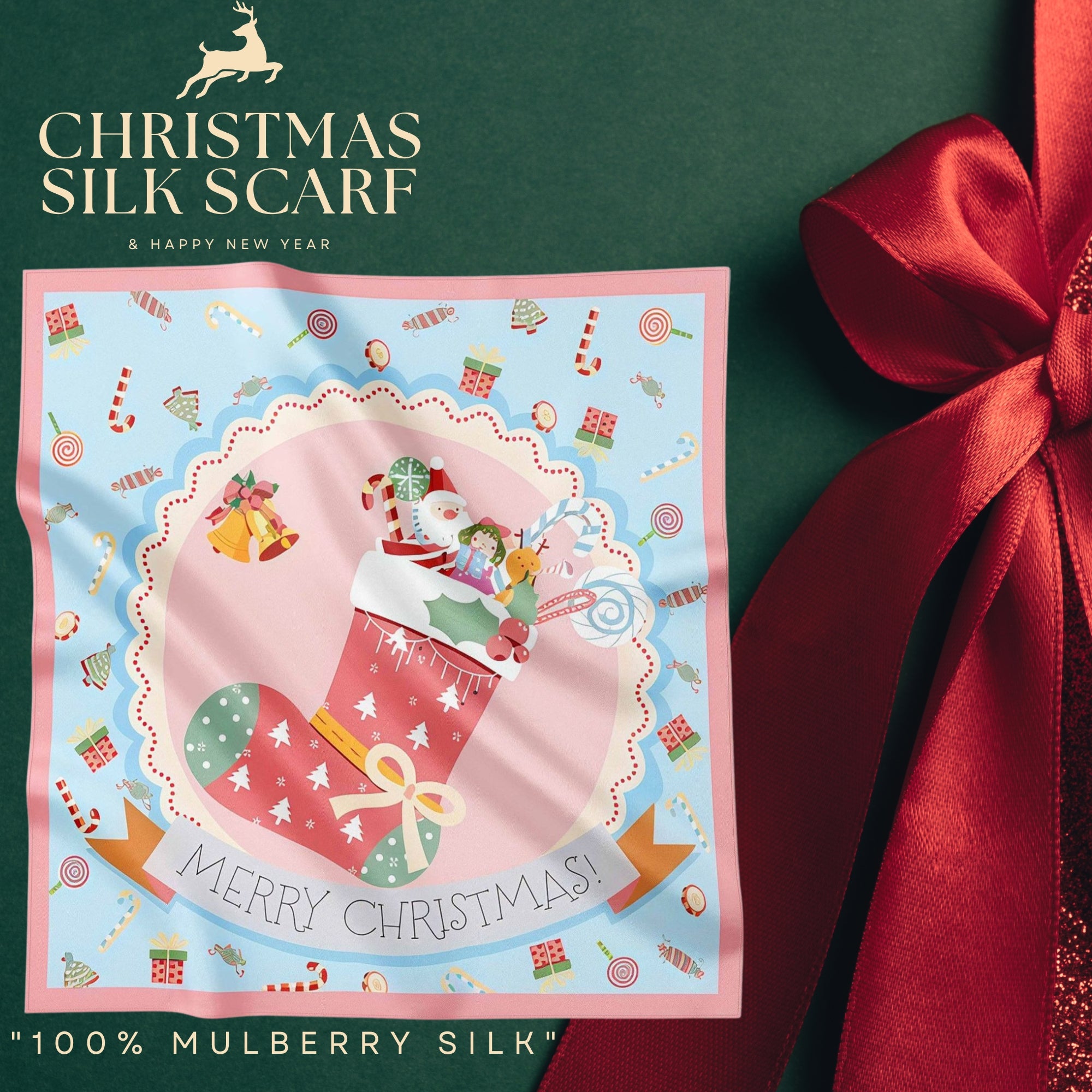 Festive 100% Silk Scarf 53cm – Playful Holiday Prints for All Ages