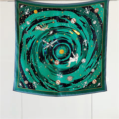 26'' Starry Green Mulberry Silk Scarf – Dreamy Night Sky-Inspired Square Silk Shawl for Women, Elegant & Sophisticated Accessory