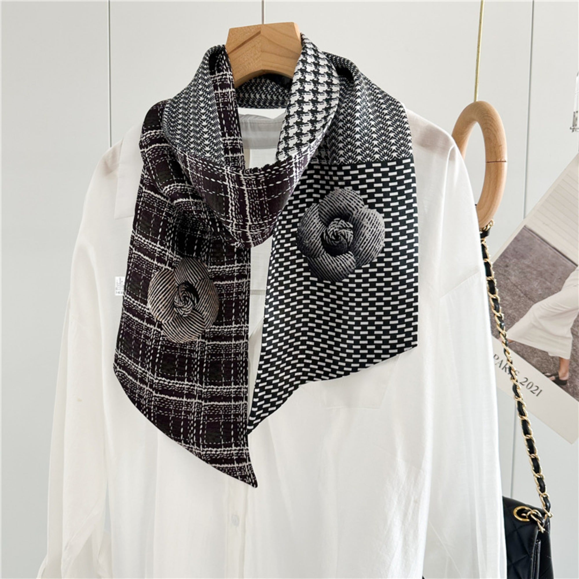 Checkered Camellia Mulberry Silk Scarf | Elegant Floral Grid Long Ribbon