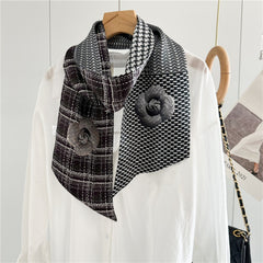 Checkered Camellia Mulberry Silk Scarf | Elegant Floral Grid Long Ribbon
