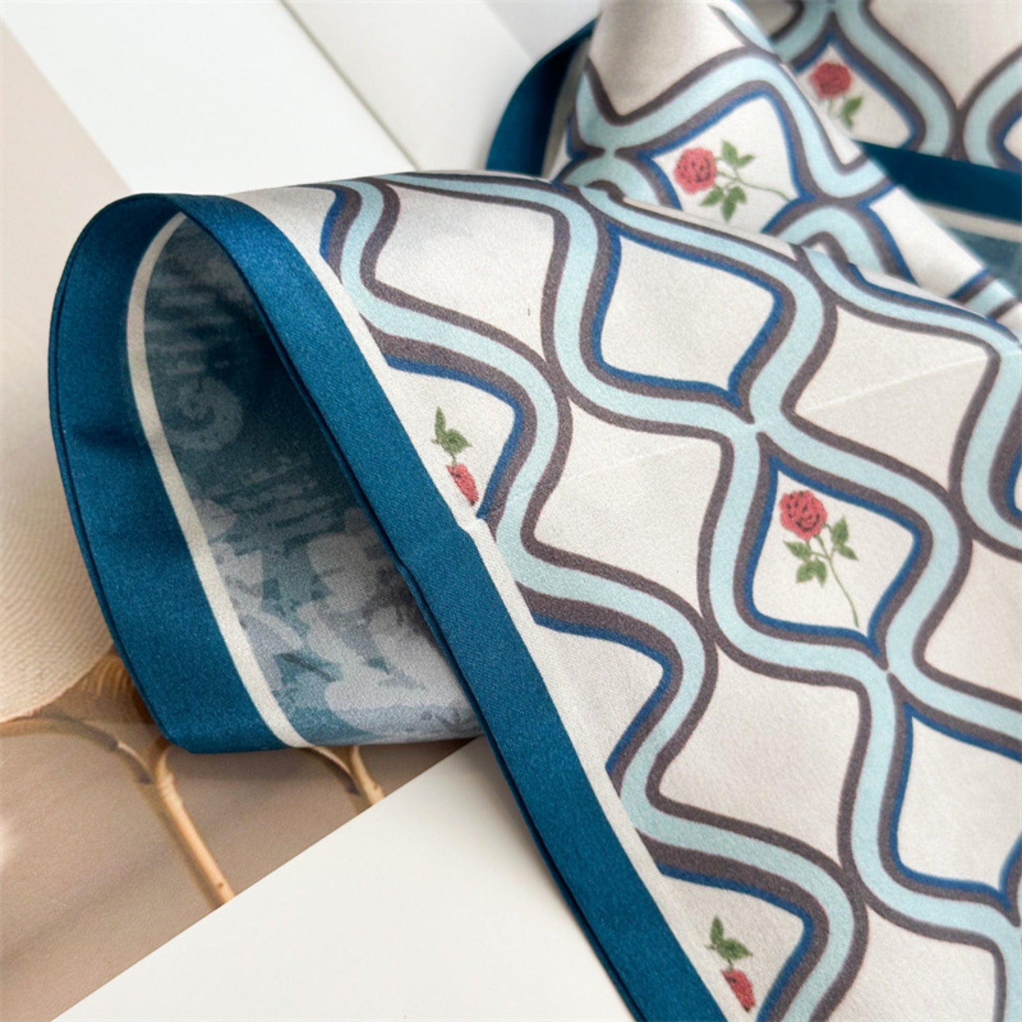 Elegant Blue Floral Plaid Silk Scarf | Graceful Checkered Mulberry Silk Ribbon