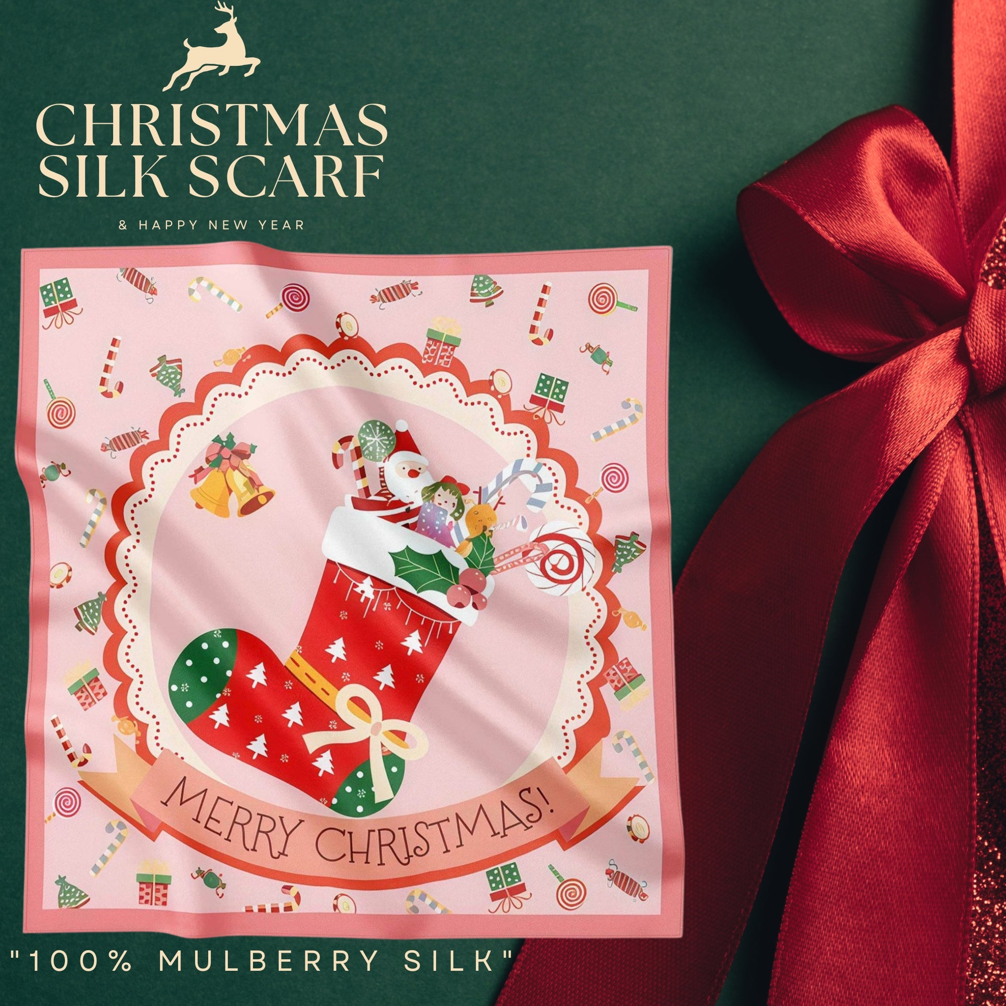 Festive 100% Silk Scarf 53cm – Playful Holiday Prints for All Ages