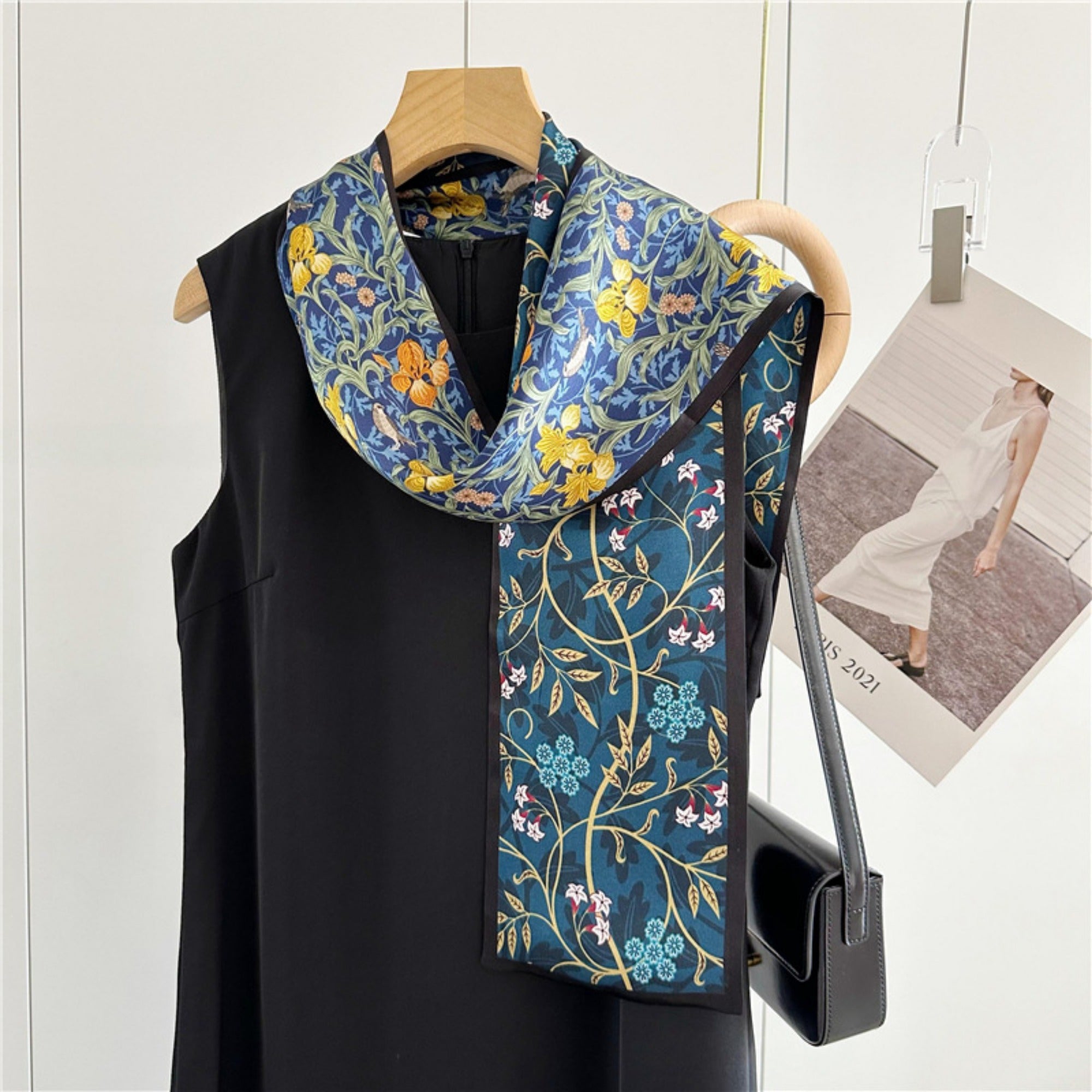 Blue Double-Sided Floral Mulberry Silk Scarf | Soft & Romantic Long Ribbon