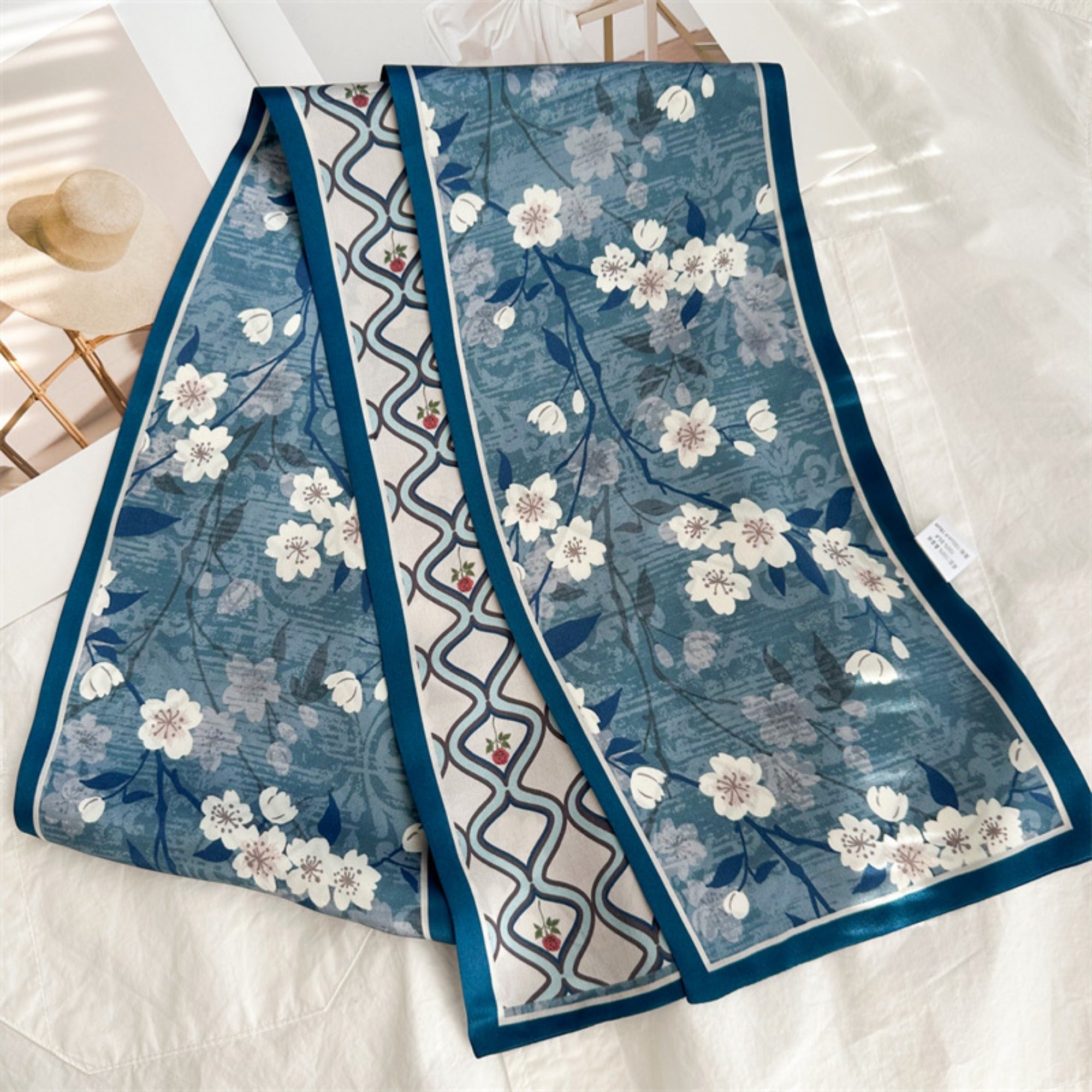 Elegant Blue Floral Plaid Silk Scarf | Graceful Checkered Mulberry Silk Ribbon