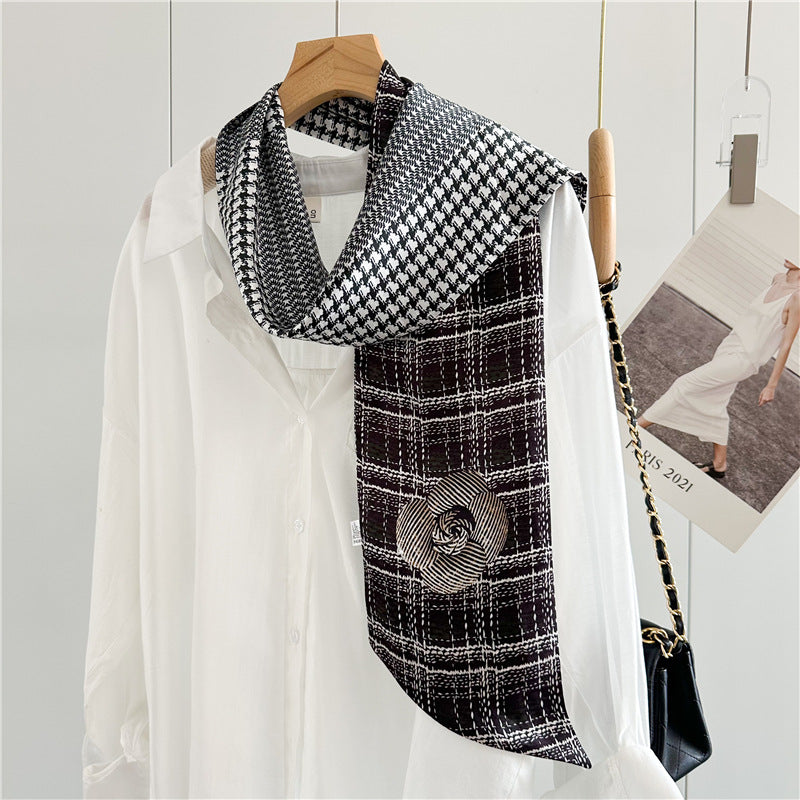 Checkered Camellia Mulberry Silk Scarf | Elegant Floral Grid Long Ribbon