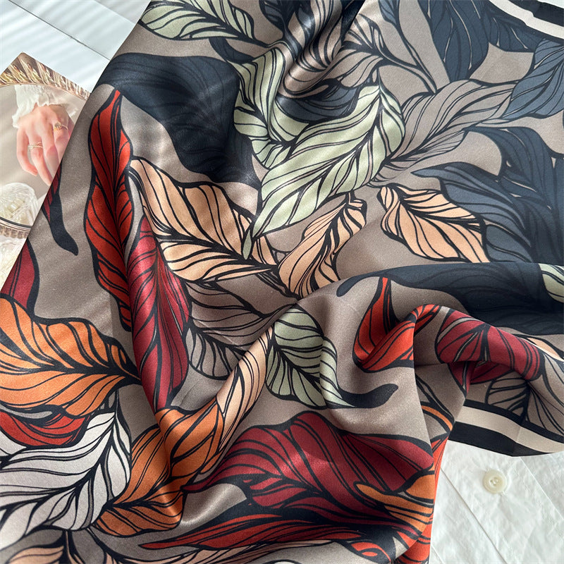 65cm Mulberry Silk Leaf Print Scarf – Double Crepe Square Shawl for Spring and Summer
