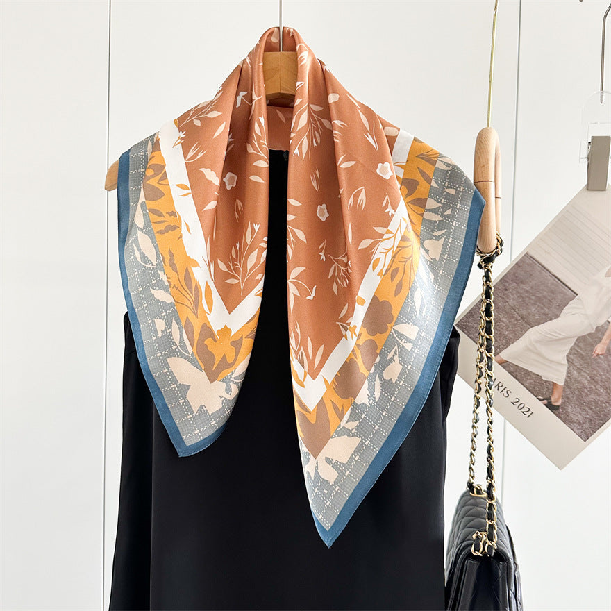 65cm Fresh Floral Mulberry Silk Scarf – Elegant Square Silk Shawl for Women, Lightweight & Versatile Accessory