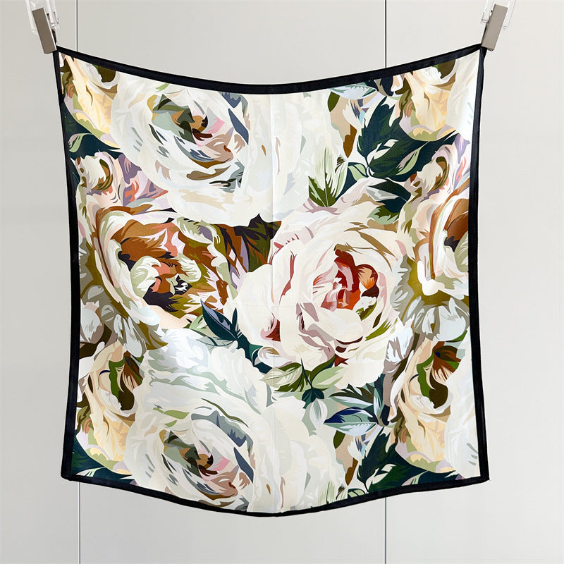 65cm Mulberry Silk Bold Rose Scarf – Double Crepe Square Shawl for Women, Elegant Floral Accessory
