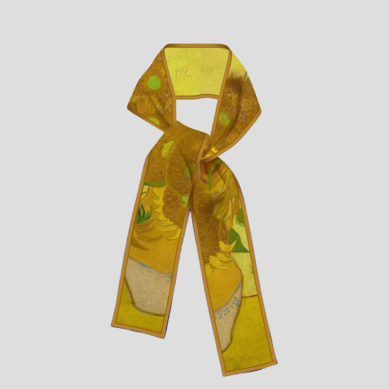 Van Gogh-Inspired Narrow Scarf - Wheat Fields & White Roses