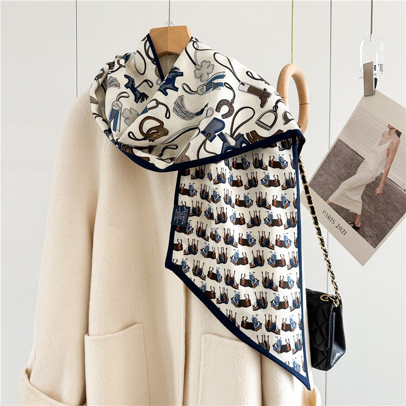 Lightweight Silk Wool Blend Scarf – Horse Pattern, Soft & Versatile