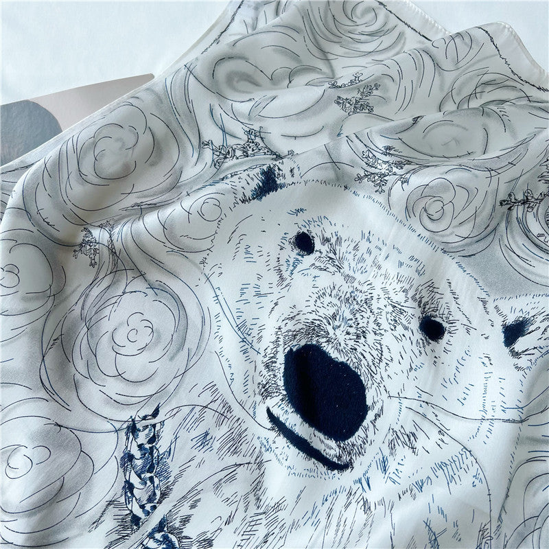 65cm Polar Bear Print Mulberry Silk Scarf – Cute Animal Square Shawl