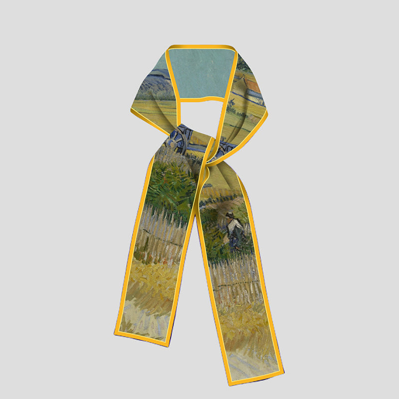 Van Gogh-Inspired Narrow Scarf - Wheat Fields & White Roses