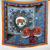 26'' Blue Gem Elephant Mulberry Silk Scarf – Artistic Square Silk Shawl for Women, Luxurious & Exotic Accessory
