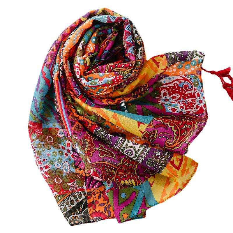 Vintage Wear Accessories Cotton and Linen Feel Bali Yarn Scarf Ethnic Style Red Bohemian Tassel Shawl