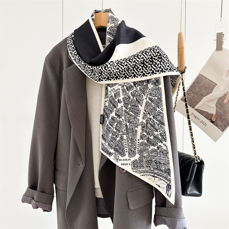 City Map Print Scarf – Luxury Mulberry Silk & Wool Long Ribbon Wrap