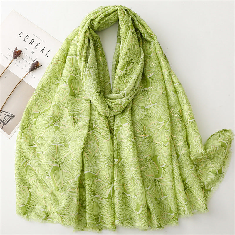 Autumn and winter cotton and linen feel scarf bronzing snow ginkgo biloba leaves burr scarf warm shawl