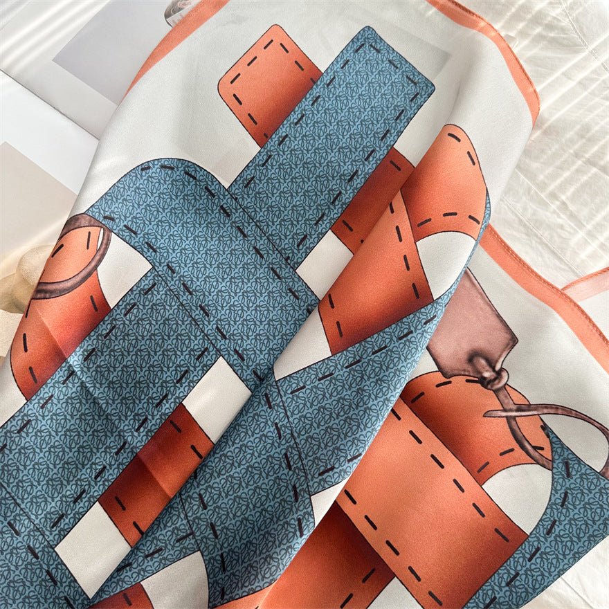 65cm Belt Pattern Mulberry Silk Scarf – Square Silk Shawl for Women, Elegant & Versatile Accessory